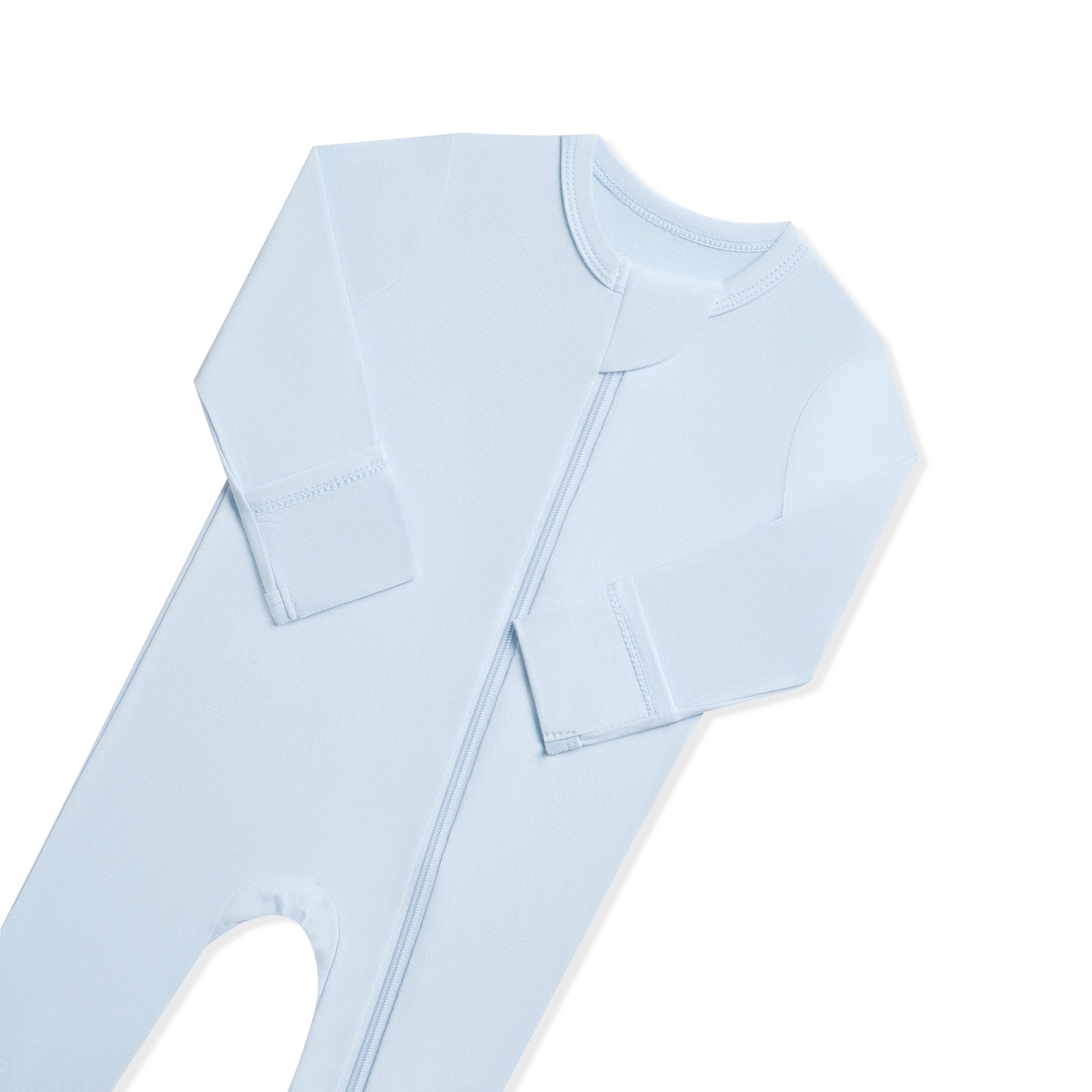 Close up of the zipper garage and fold over hand cuffs on the Zippered Footie in Breeze