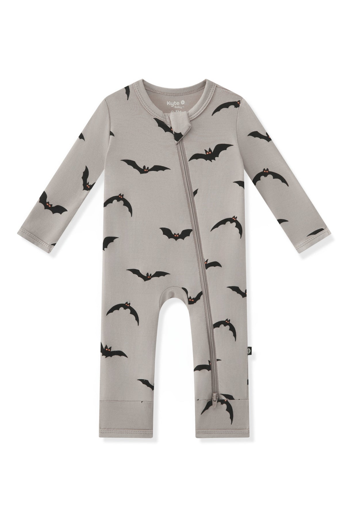 Zippered Romper in Bats print on a white background