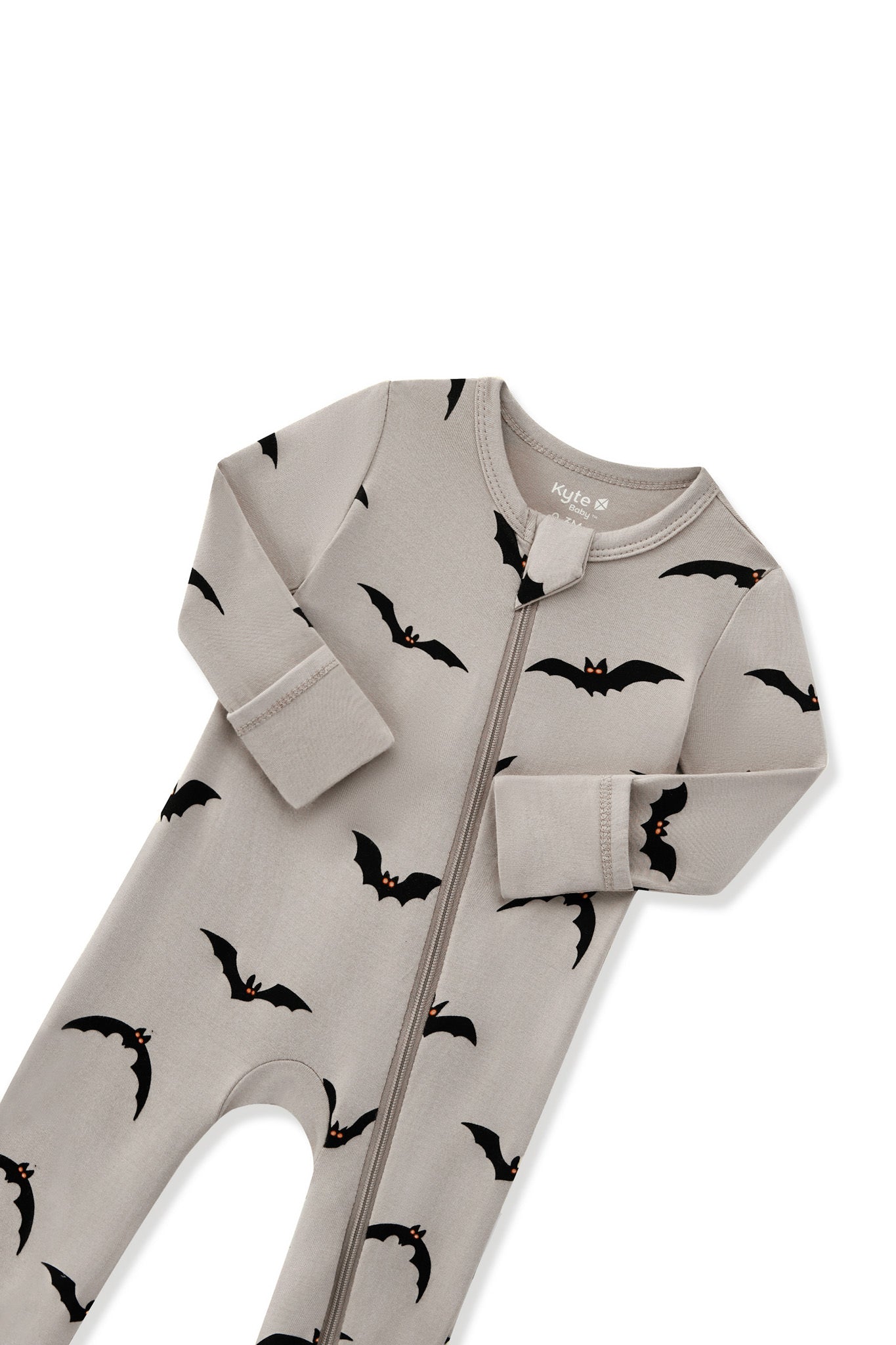 Zippered Romper in Bats print with zipper garage on a white background