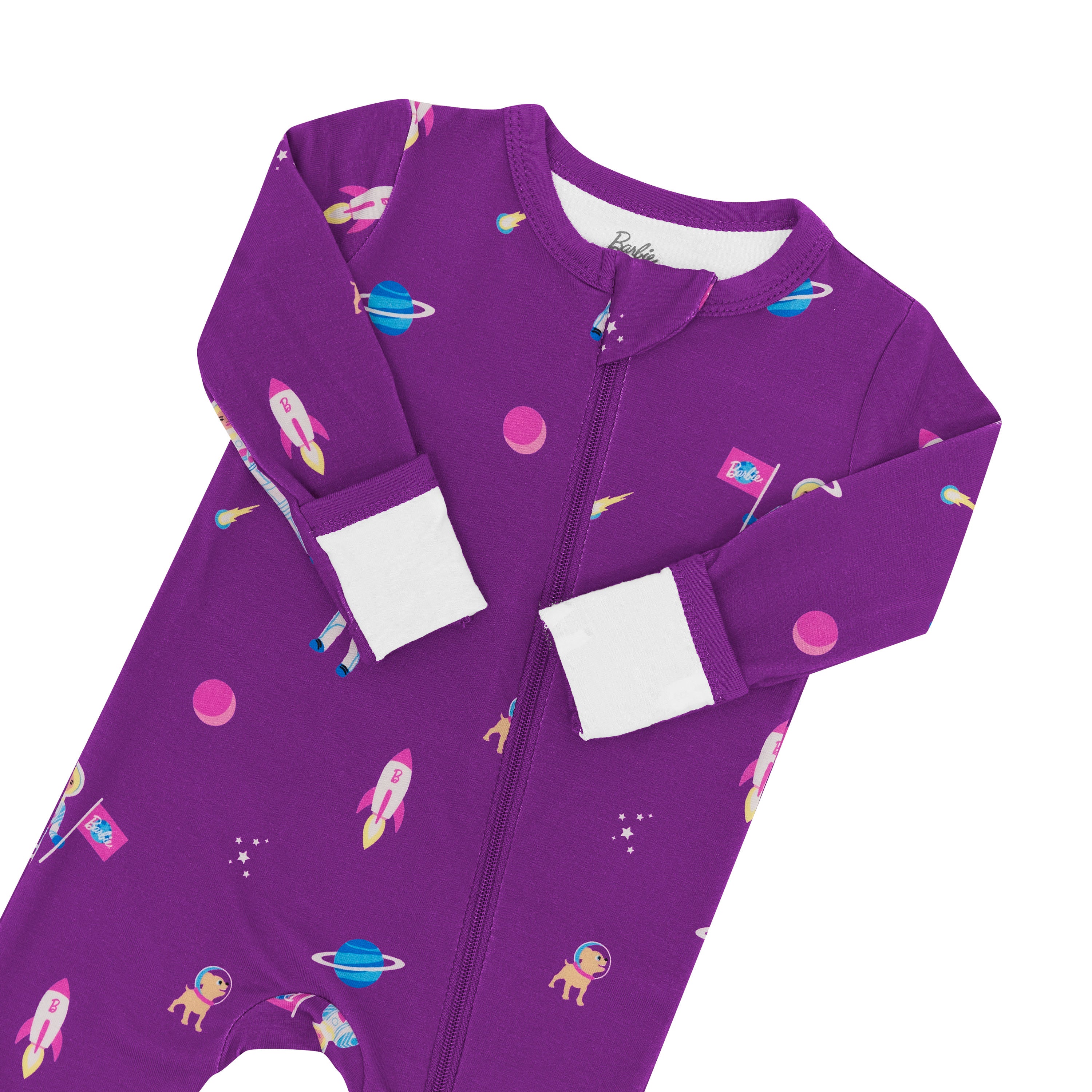 Zippered Romper in Barbie™ Astronaut showing foldable mittens