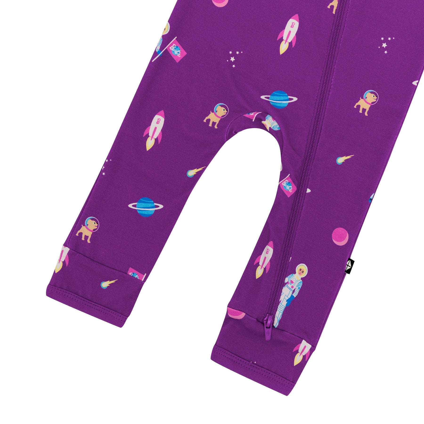 Zippered Romper in Barbie™ Astronaut showing dual zipper