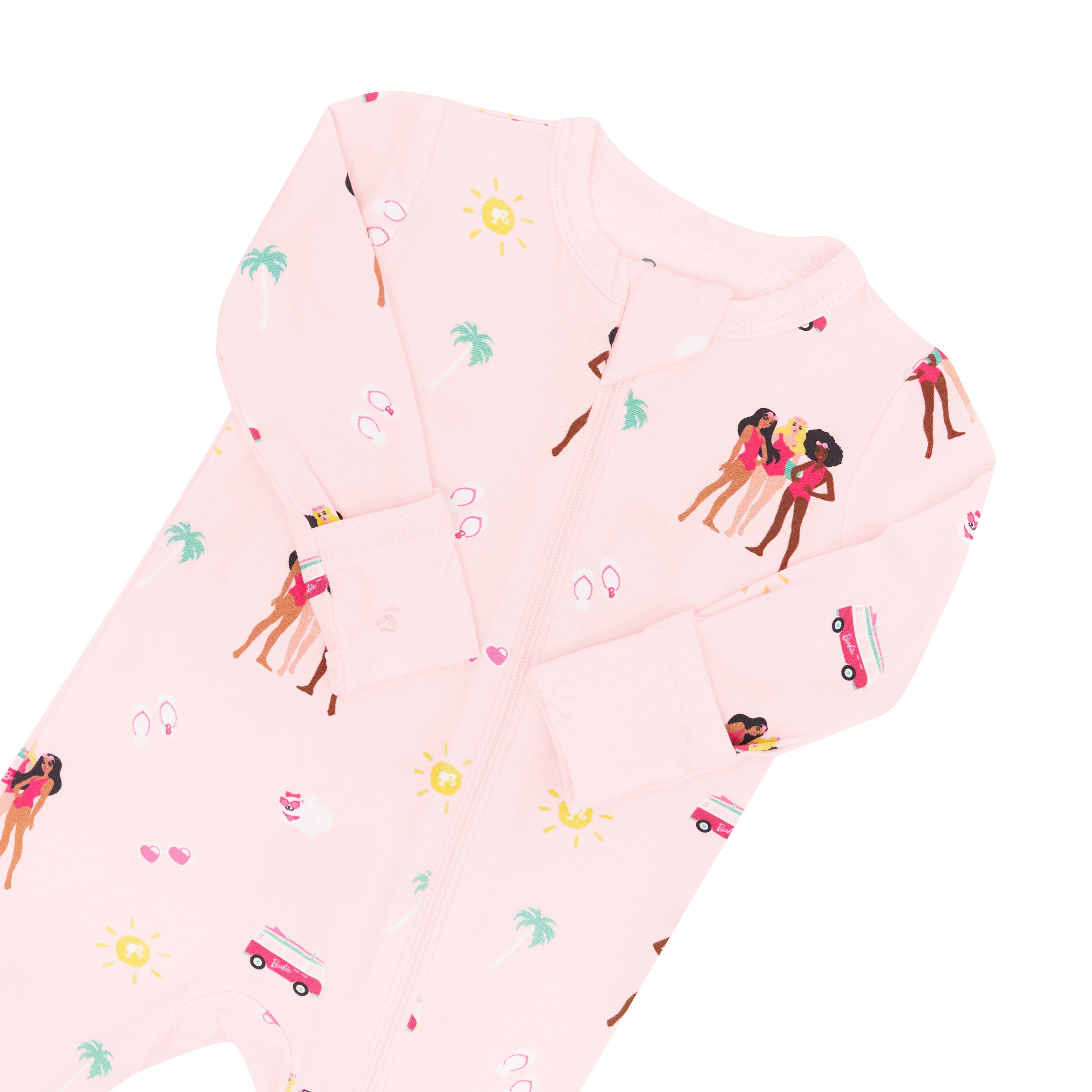 Zippered Romper in Barbie™ Beach showing foldable mittens