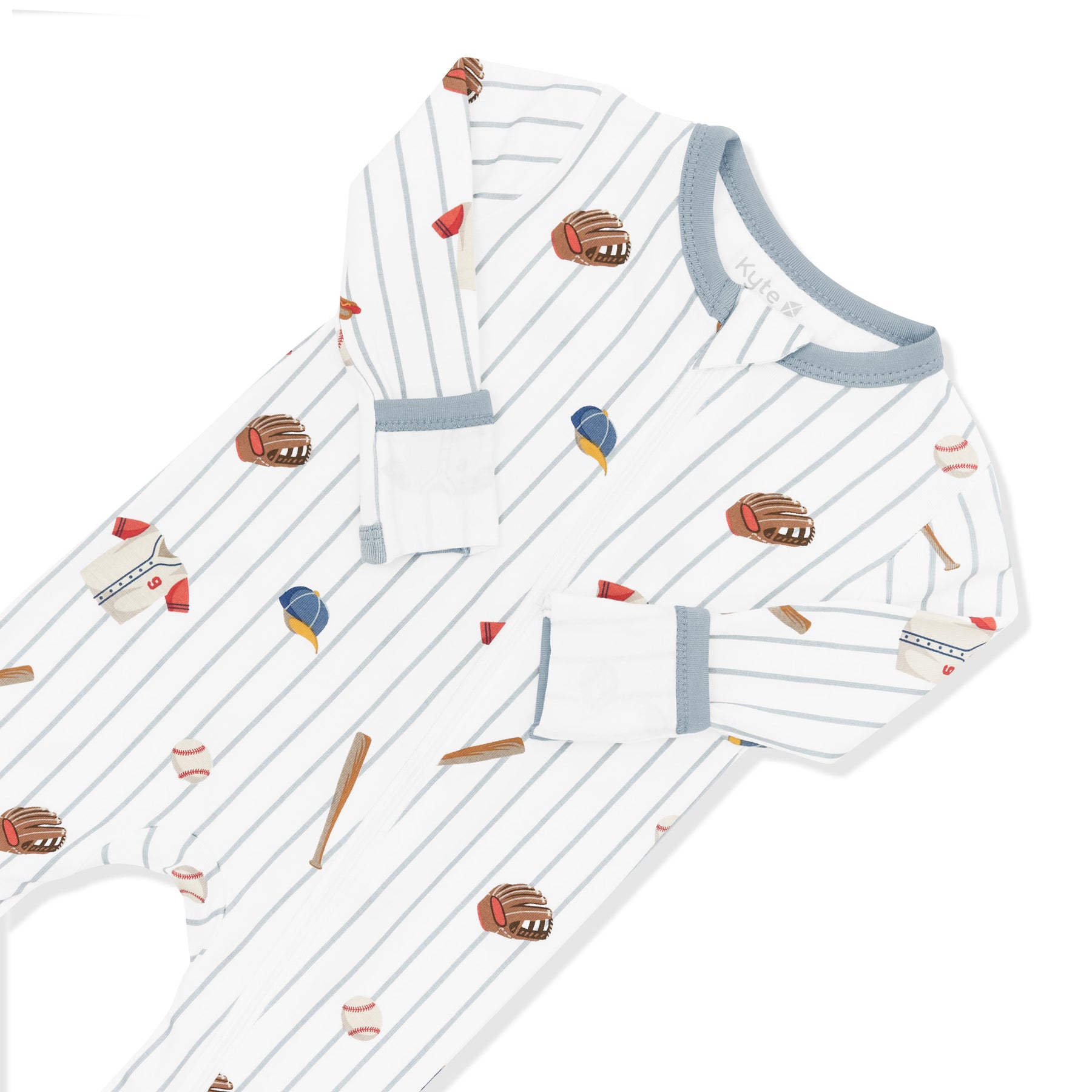 Close up of the zipper garage and fold over hand cuffs shown on the Zippered Romper in Home Run