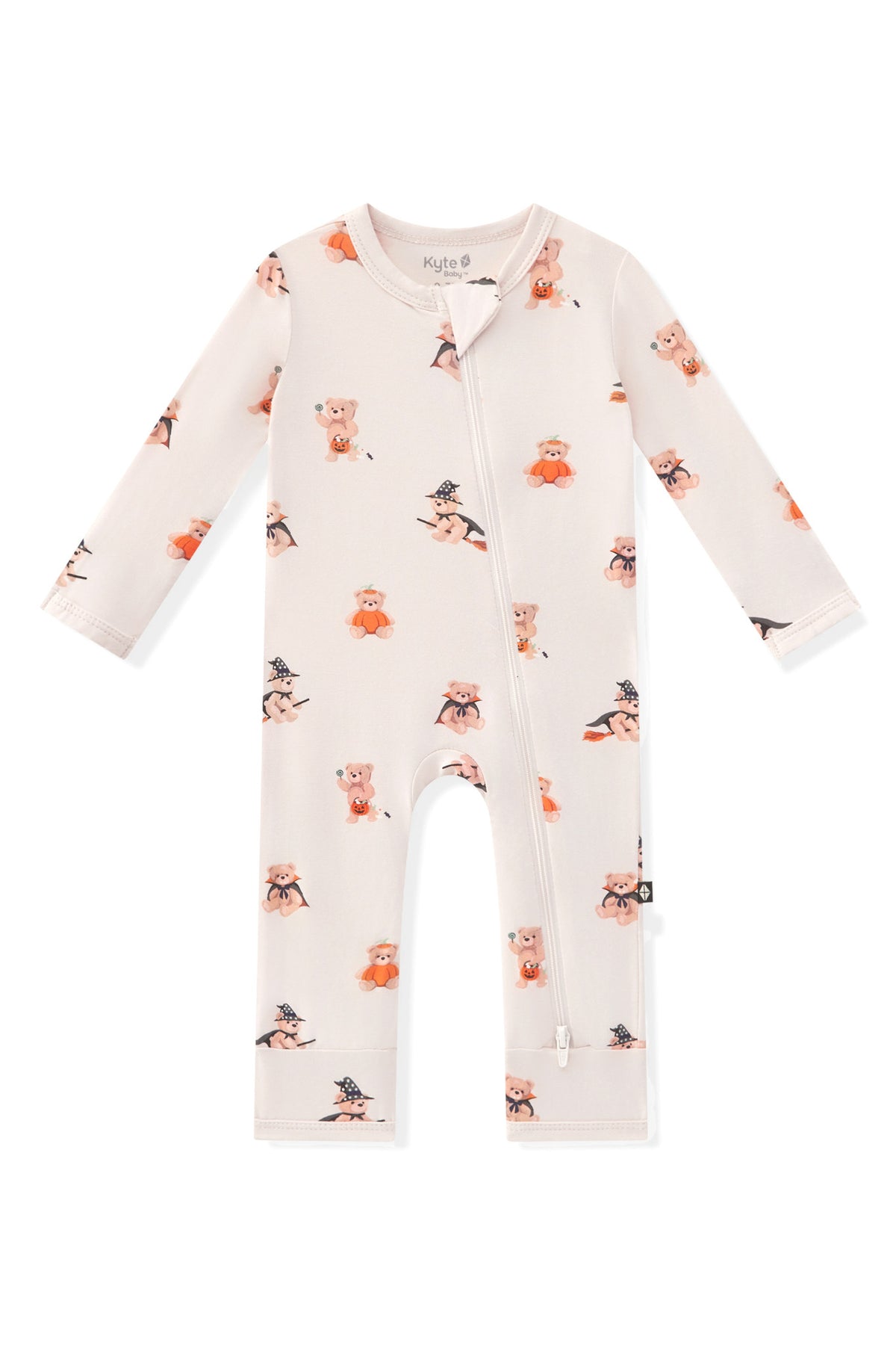 Beige Zippered Romper in Halloween Teddy print on a white background