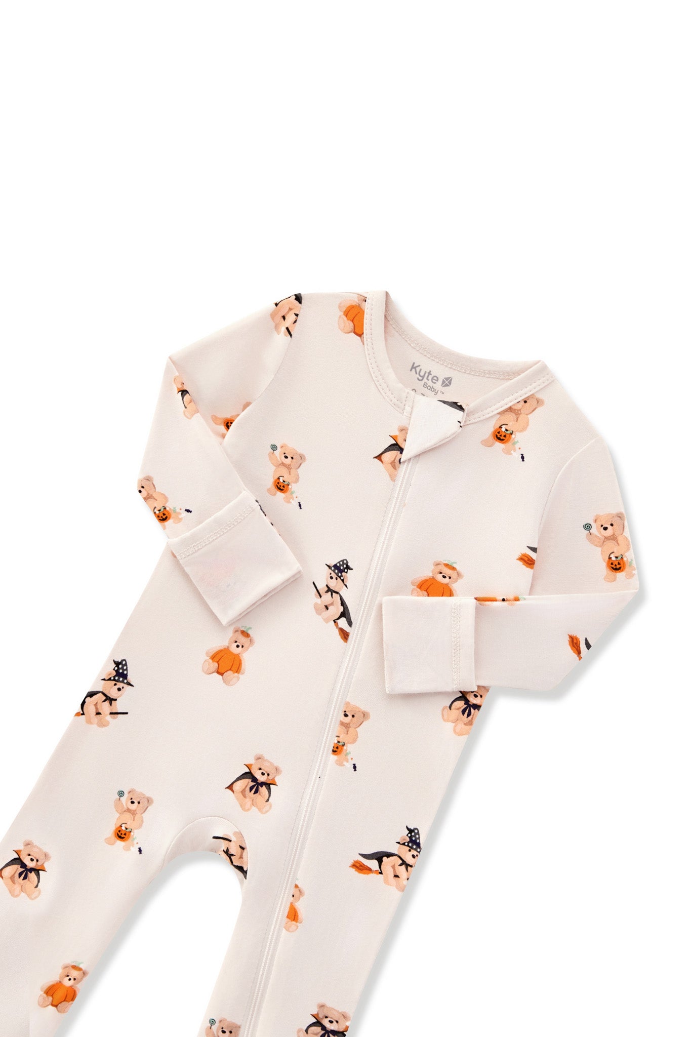 Beige Zippered Romper in Halloween Teddy print with zipper garage on a white background