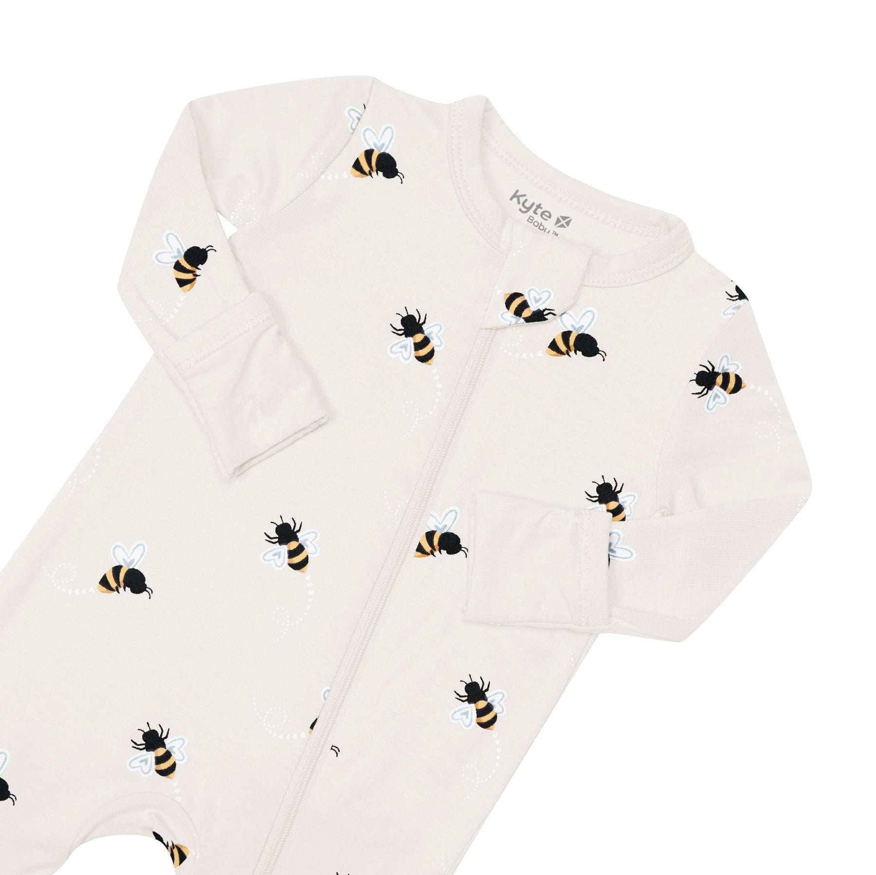 Product photo of Bee Mine zippered romper showing top half