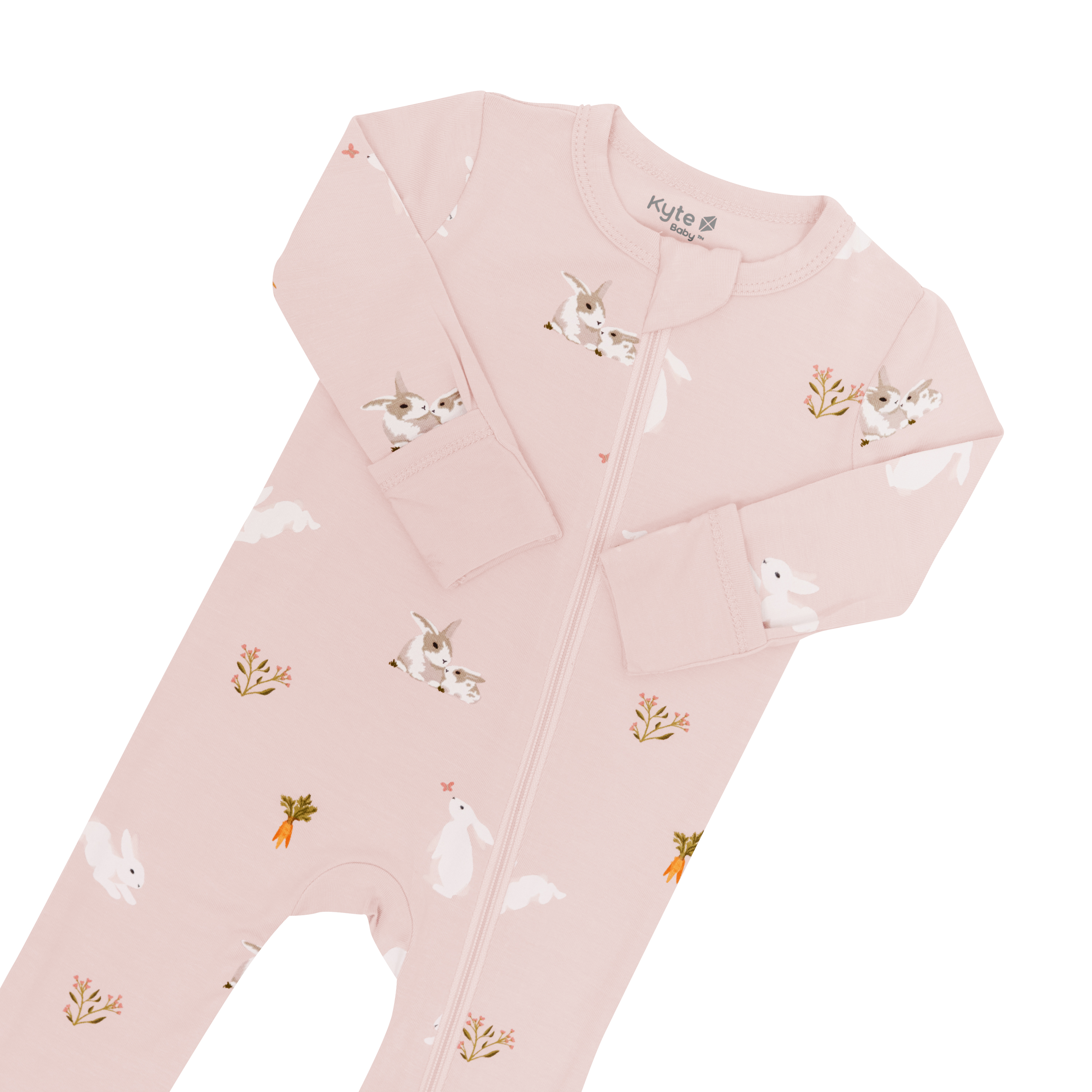 Zippered Romper in Blush Rabbit close up on foldable mittens