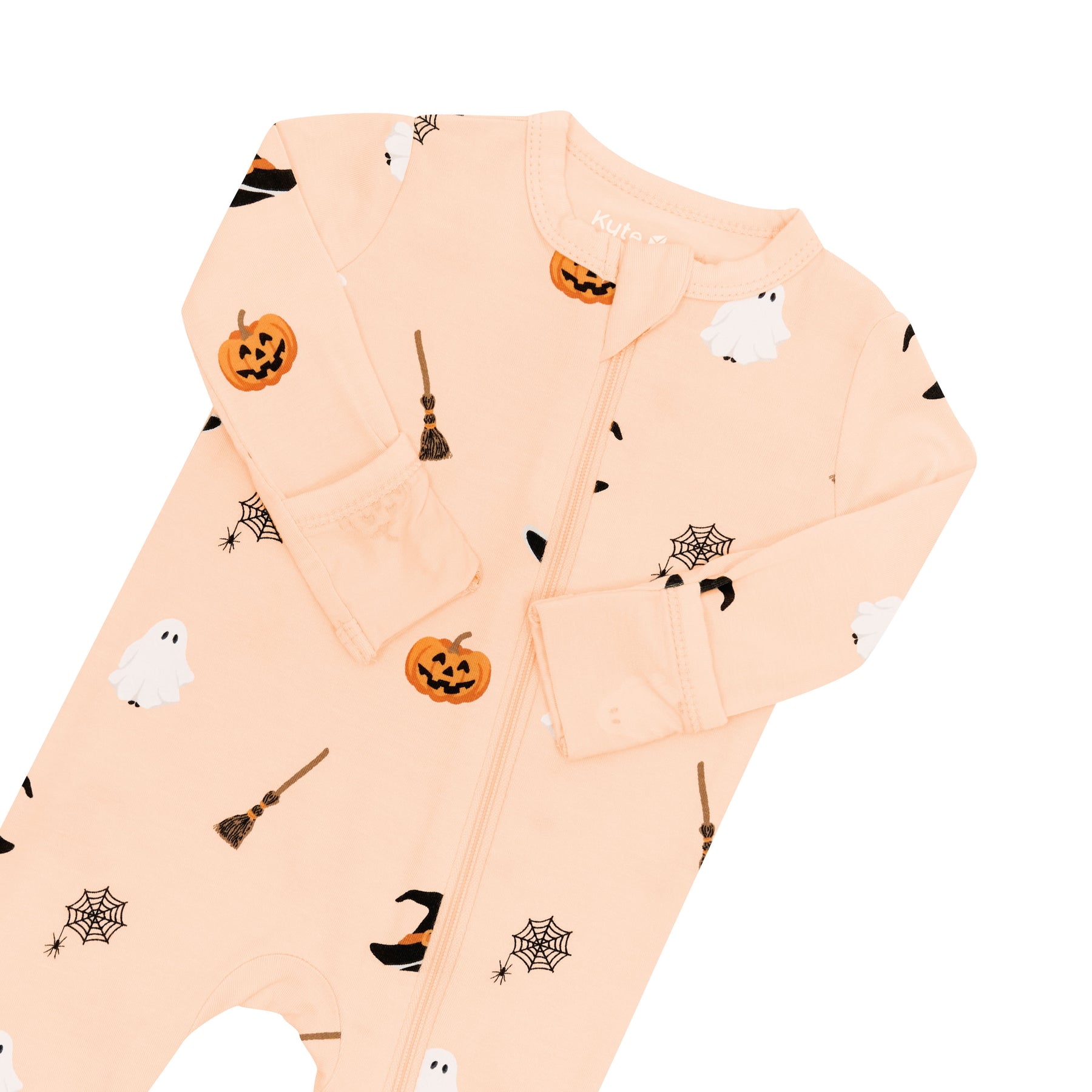 Close up of the zipper garage and fold over hand cuffs on the Zippered Romper in Bewitched