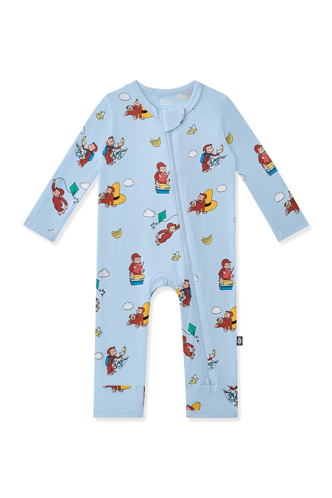Blue Zippered Romper in Curious George print on a white background