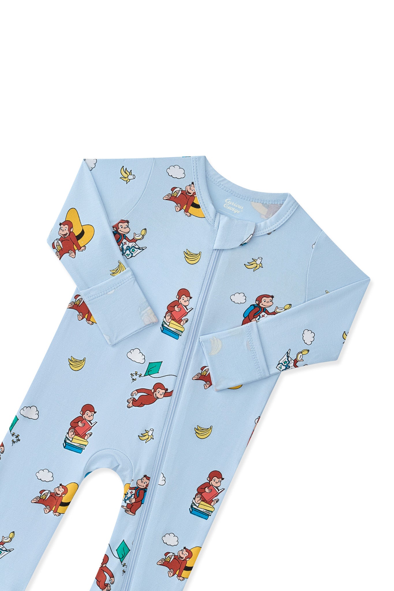 Blue Zippered Romper in Curious George print with zipper garage on a white background