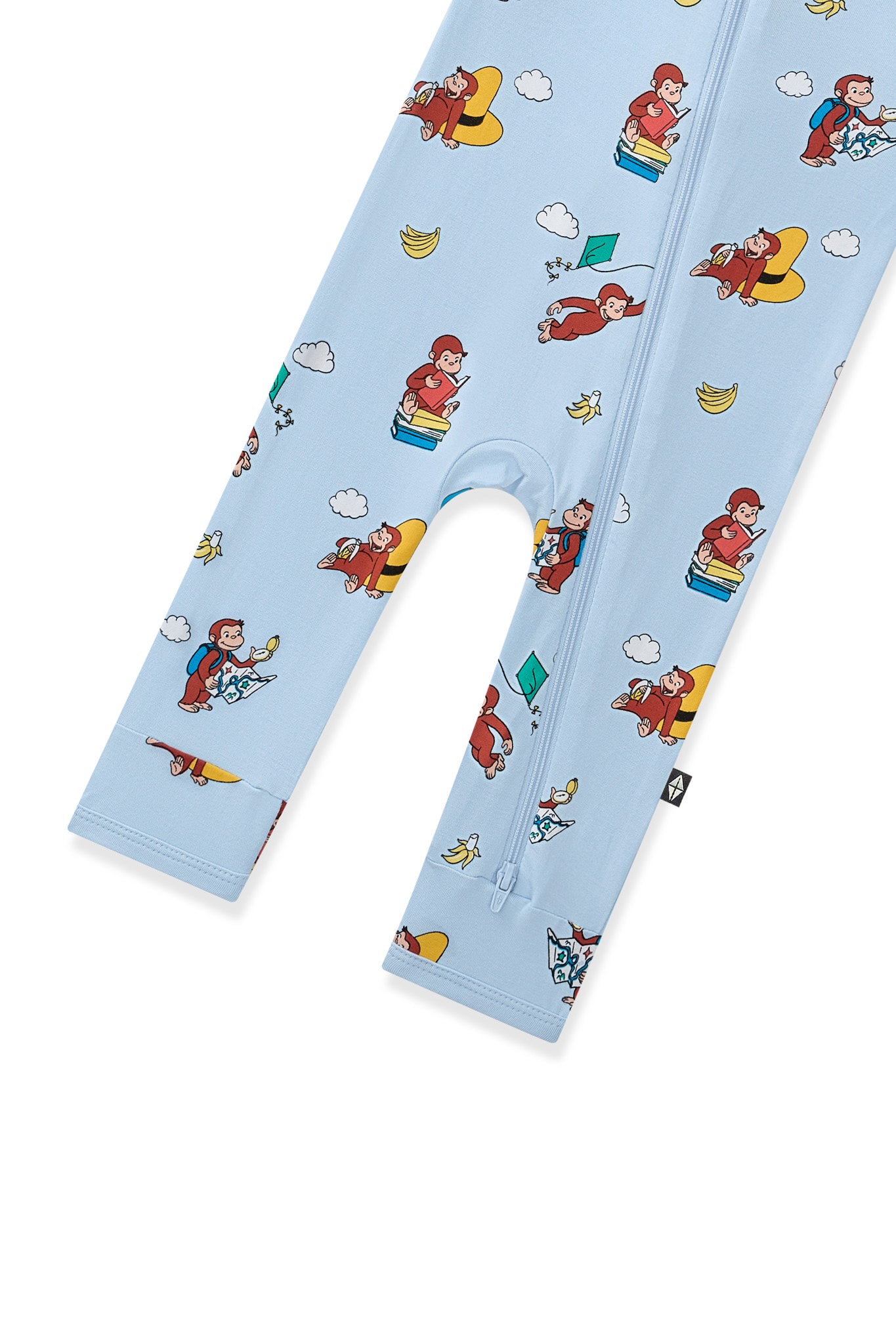 Bottom part of Blue Zippered Romper in Curious George print on a white background