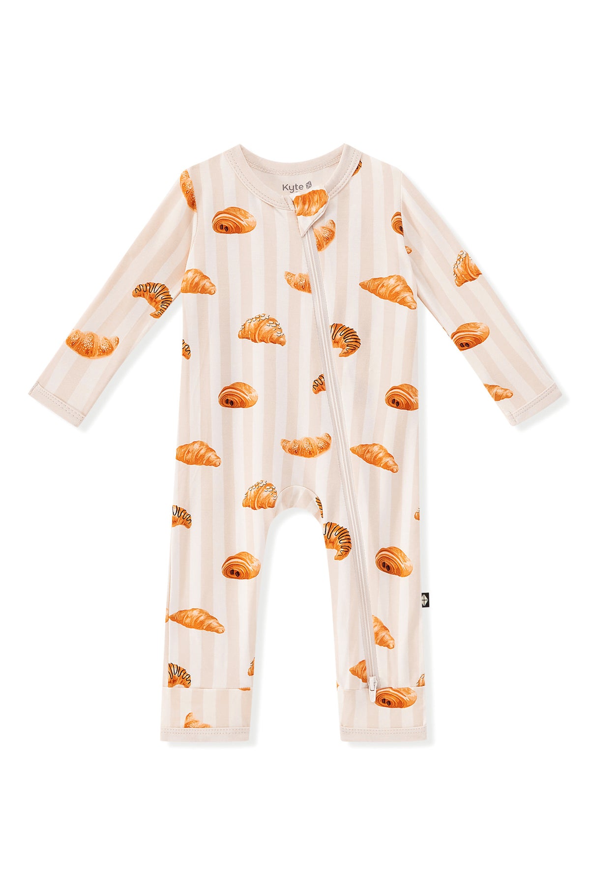 Zippered Romper in Croissant print on a white background
