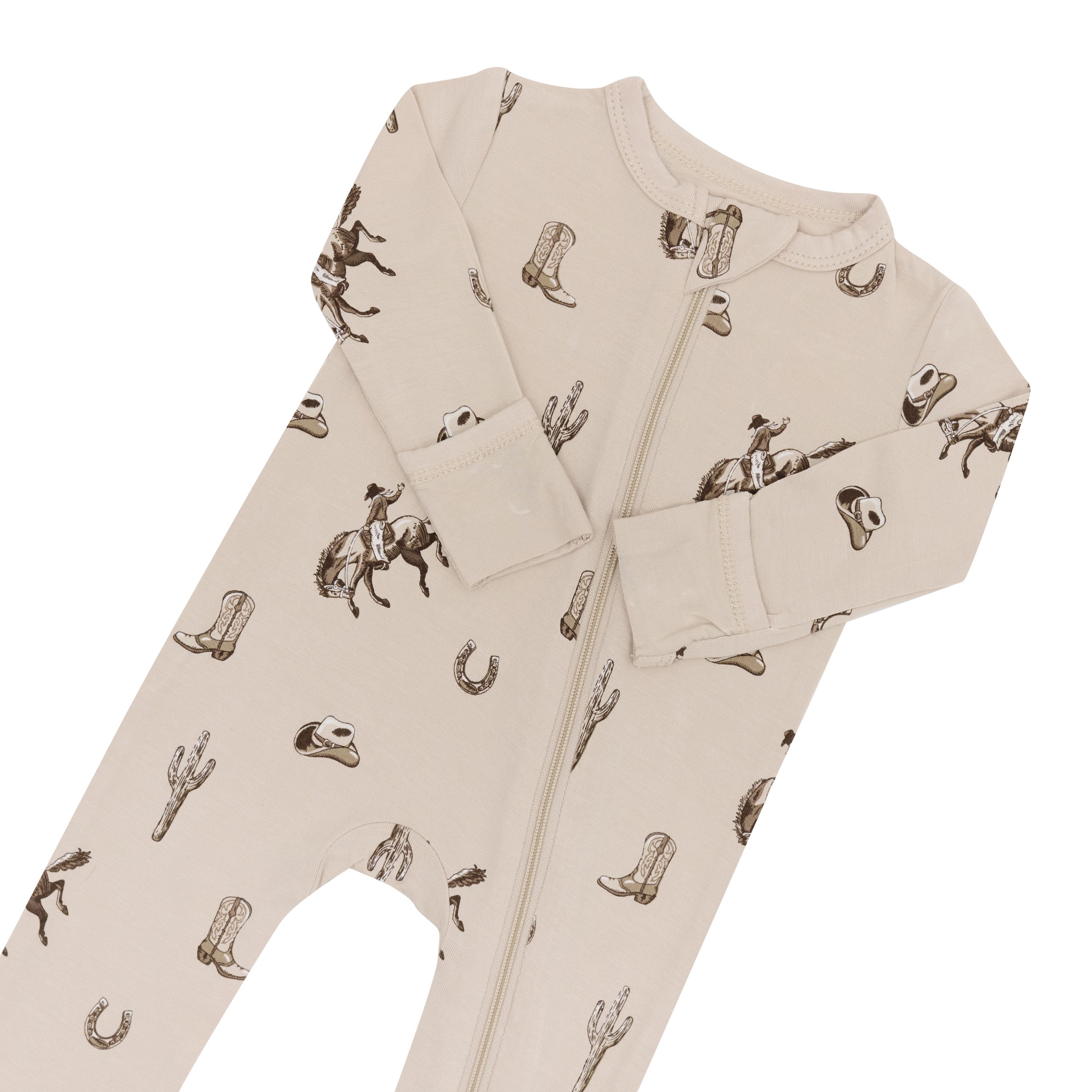 Zipper garage and fold over hand cuffs shown on the Zippered Romper in Classic Cowboy