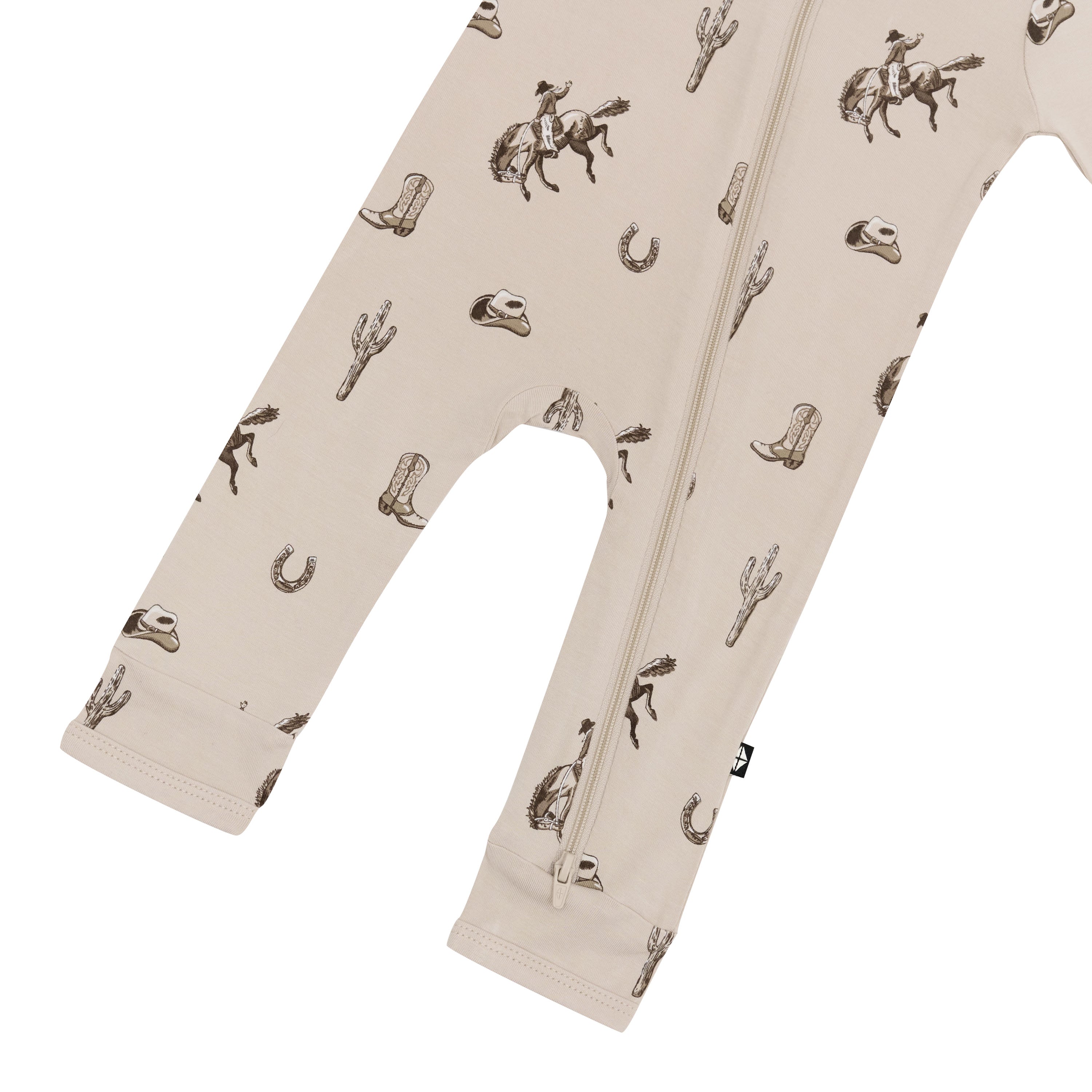 Bottom zipper on the leg of the Zippered Romper in Classic Cowboy