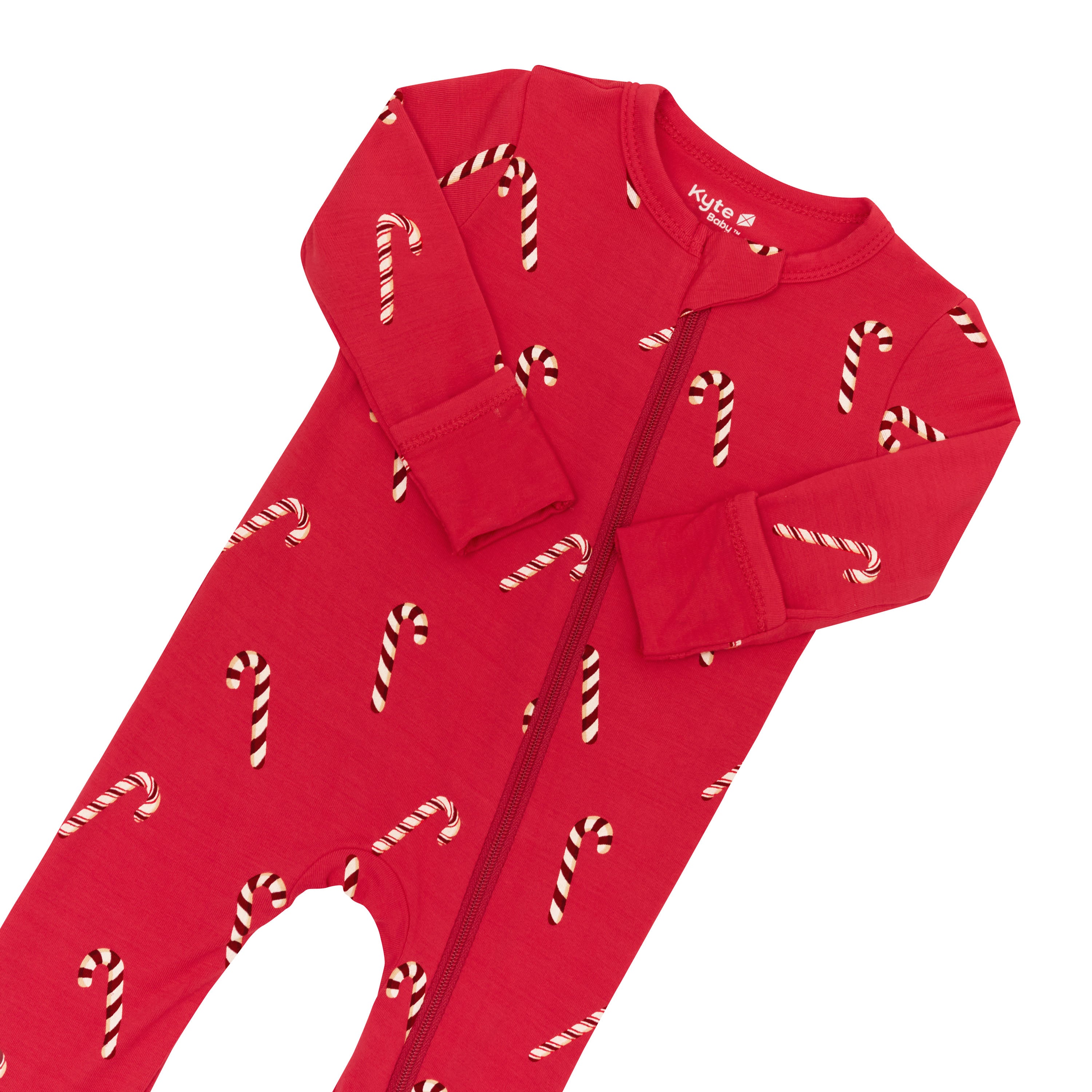Zipper garage and fold over hand cuffs shown on the Zippered Romper in Candy Cane
