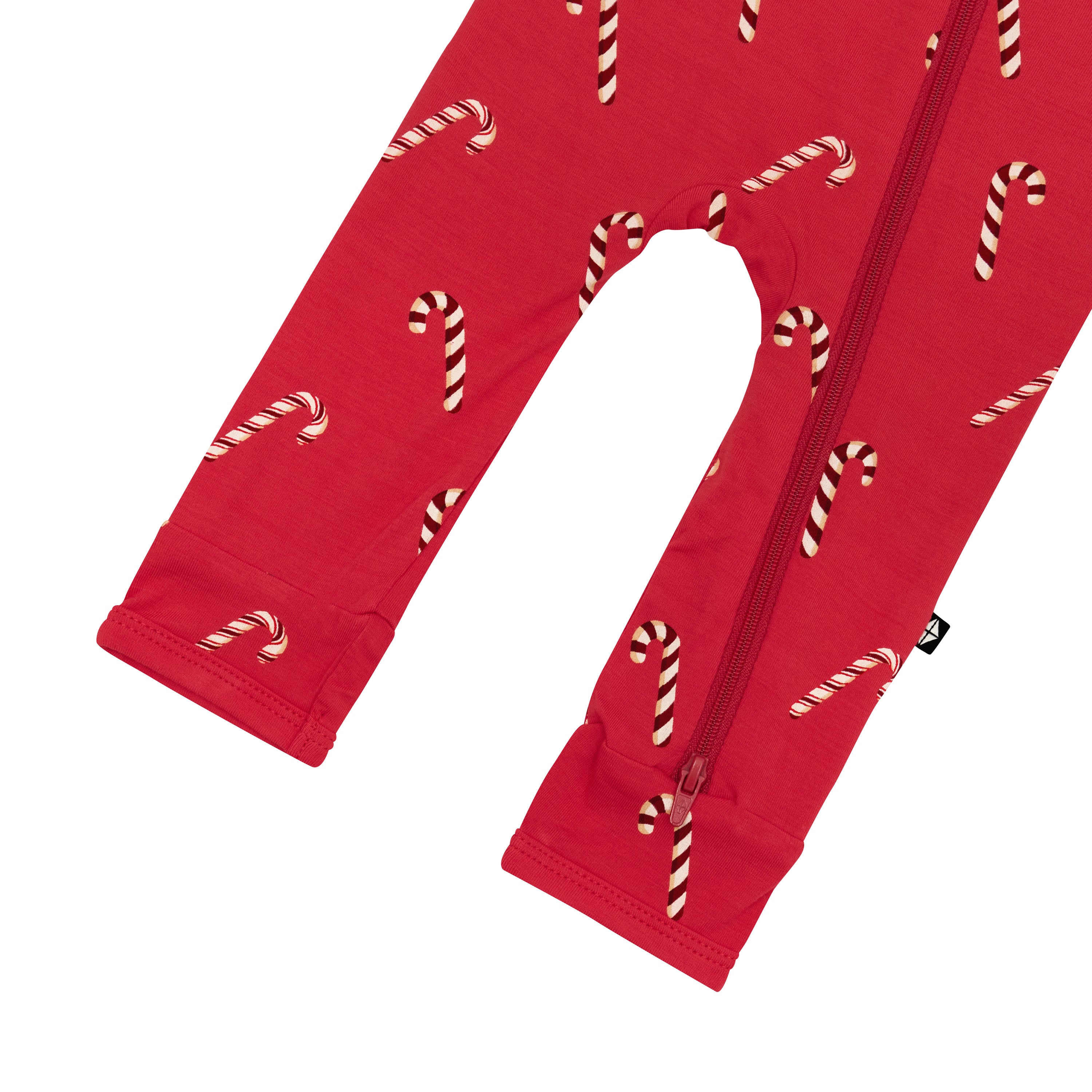Bottom zipper shown on the Zippered Romper in Candy Cane