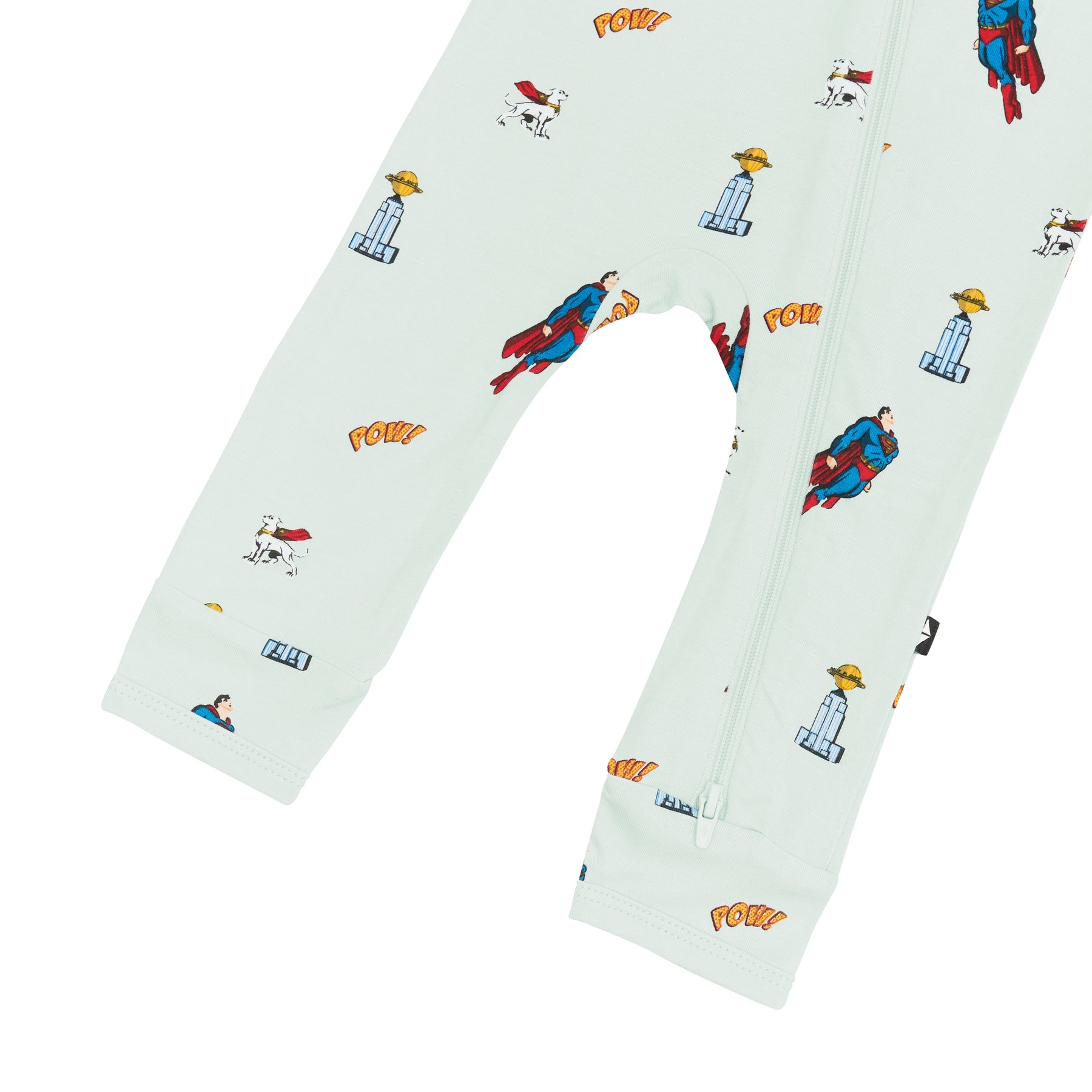 Close up of the double zipper on the leg of the Zippered Romper in Superman™