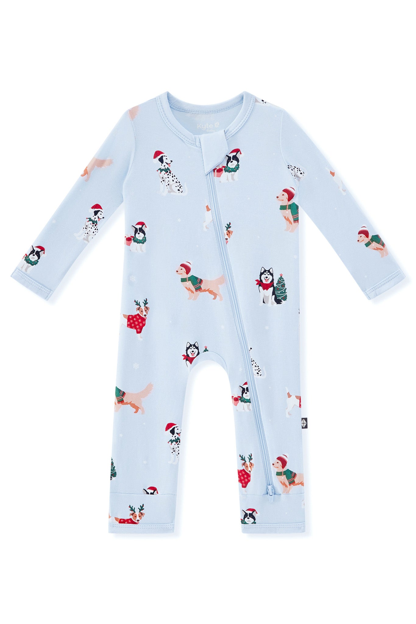 Blue Zippered Romper in Holiday Pups print on a white background