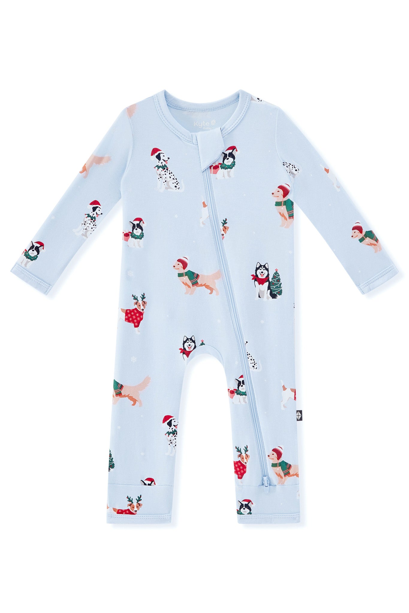 Blue Zippered Romper in Holiday Pups print on a white background