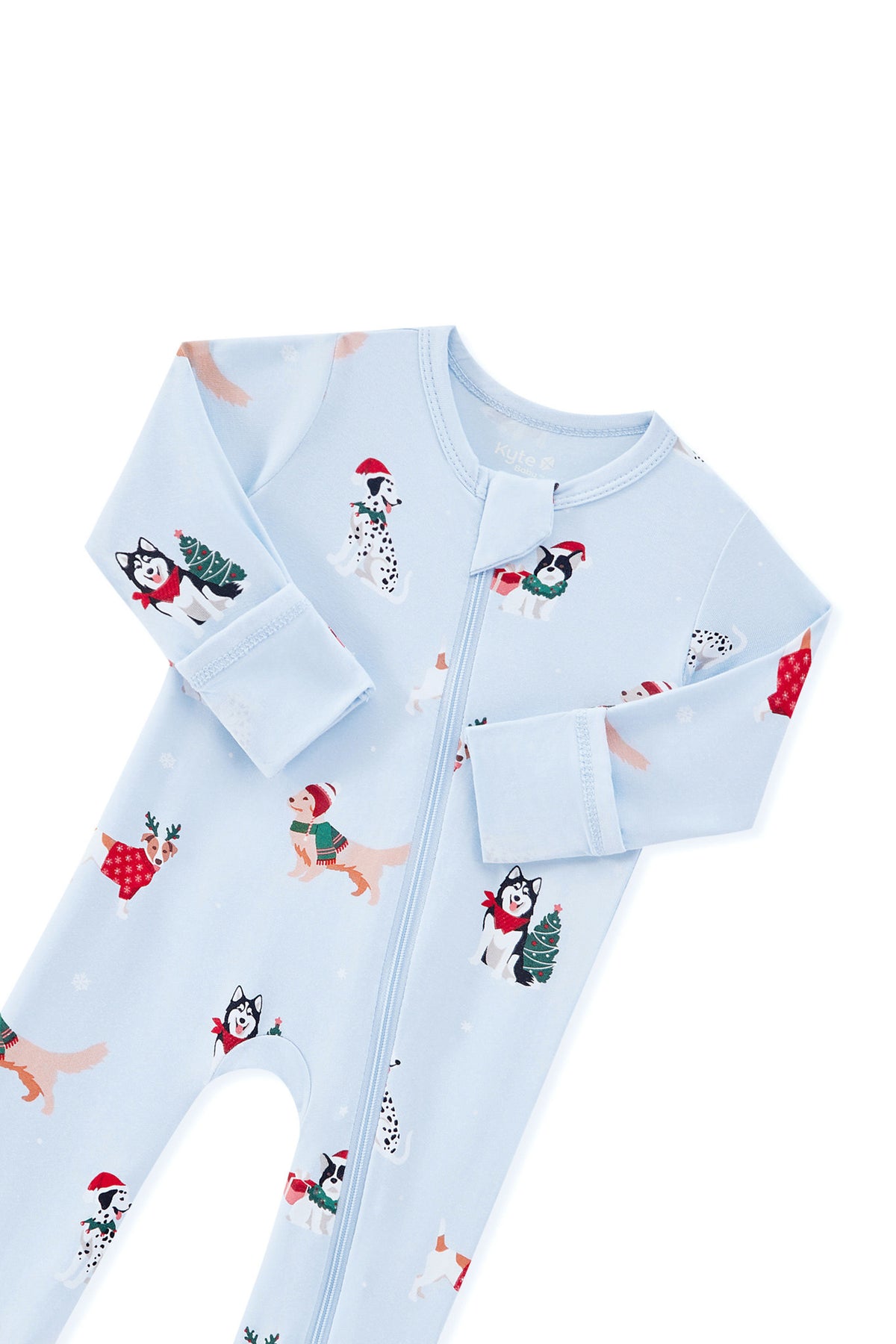 Blue Zippered Romper in Holiday Pups print with zipper garage on a white background