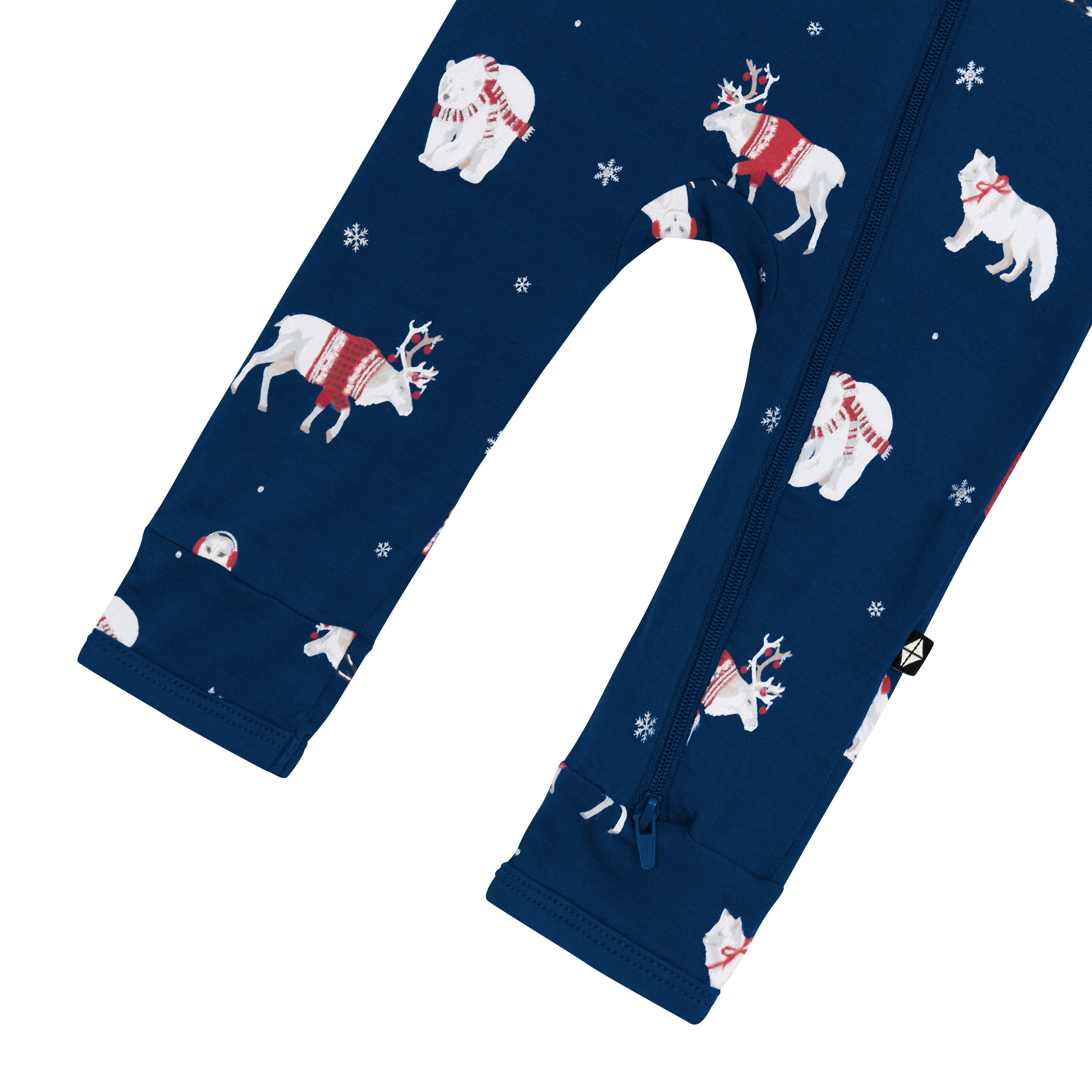Bottom zipper shown on the leg of the Zippered Romper in Frosty Friends