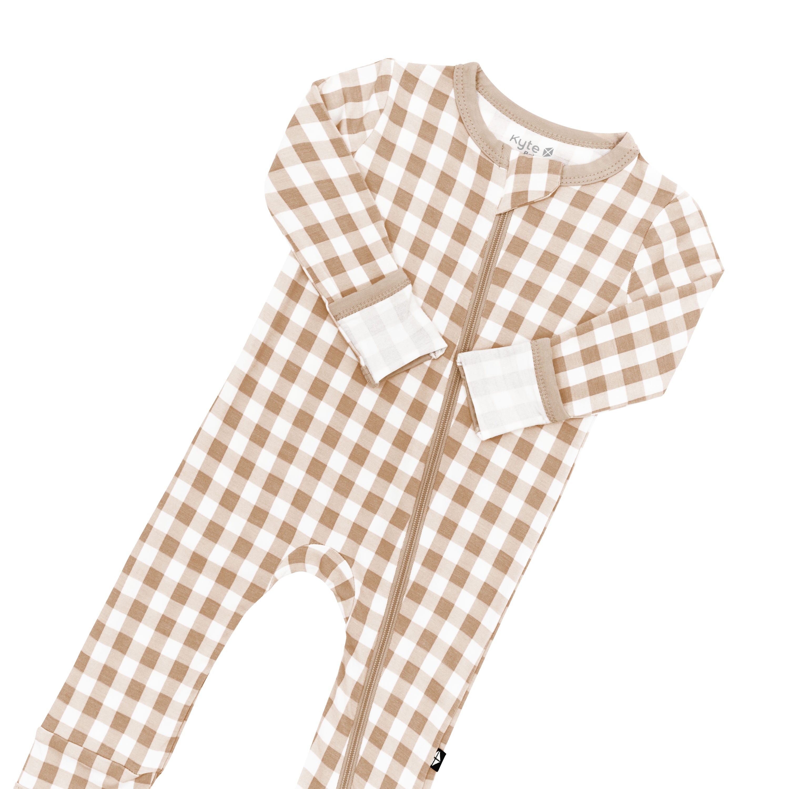 Zipper garage and fold over hand cuffs shown on the Zippered Romper in Gingham Bisque