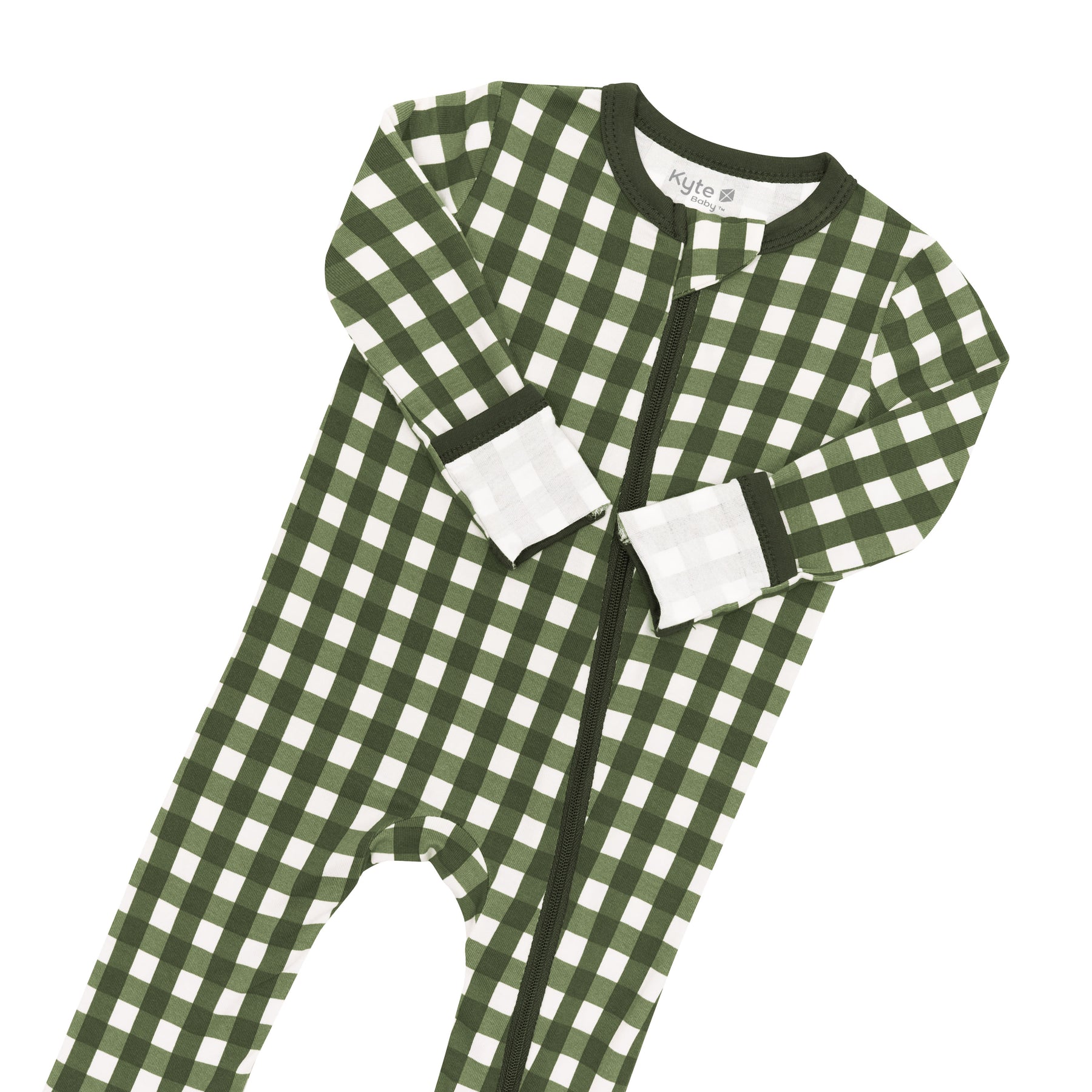 Close up of the zipper garage, zipper closure and fold over hand cuffs on the Zippered Romper in Gingham Fir