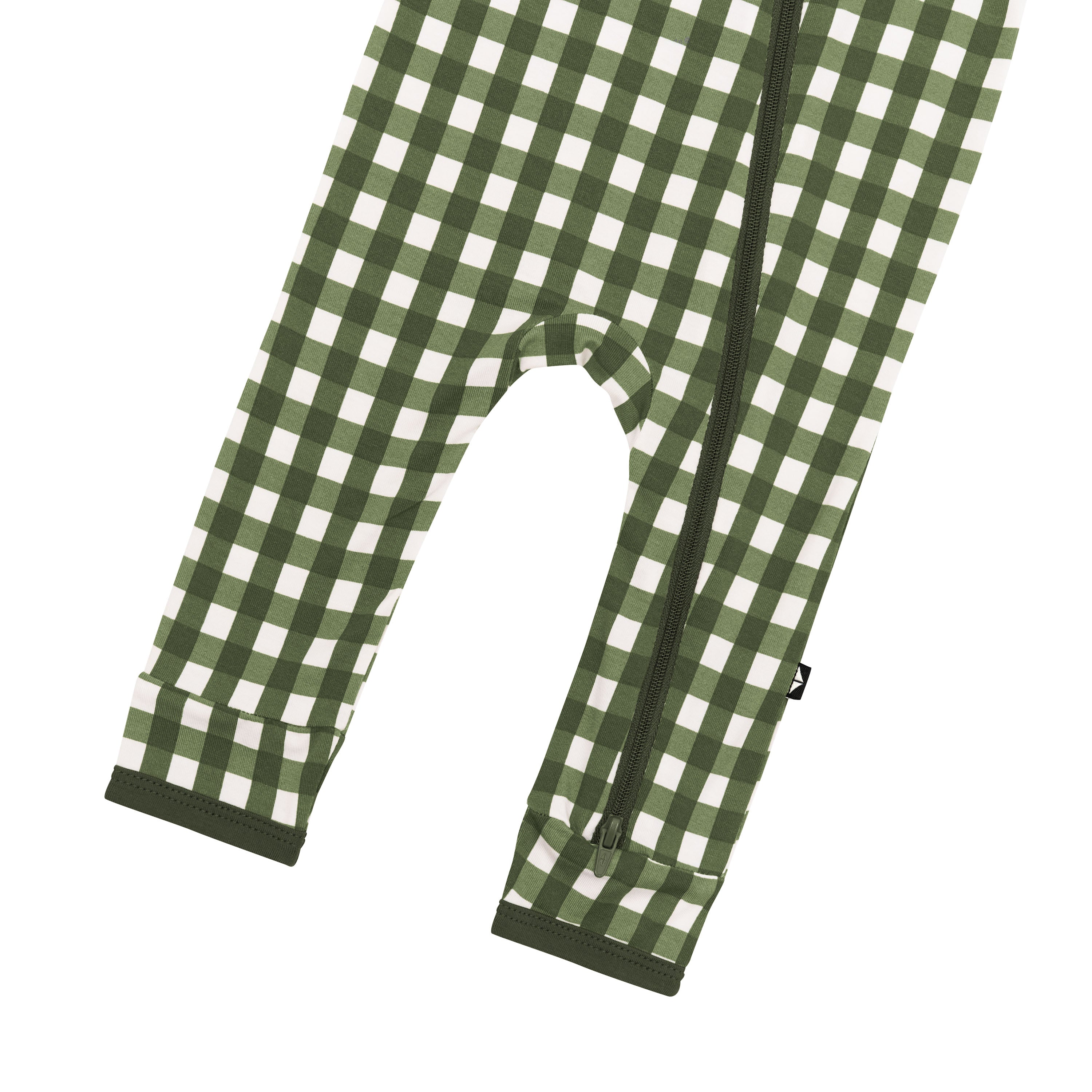 Zipper shown on the leg of the Zippered Romper in Gingham Fir