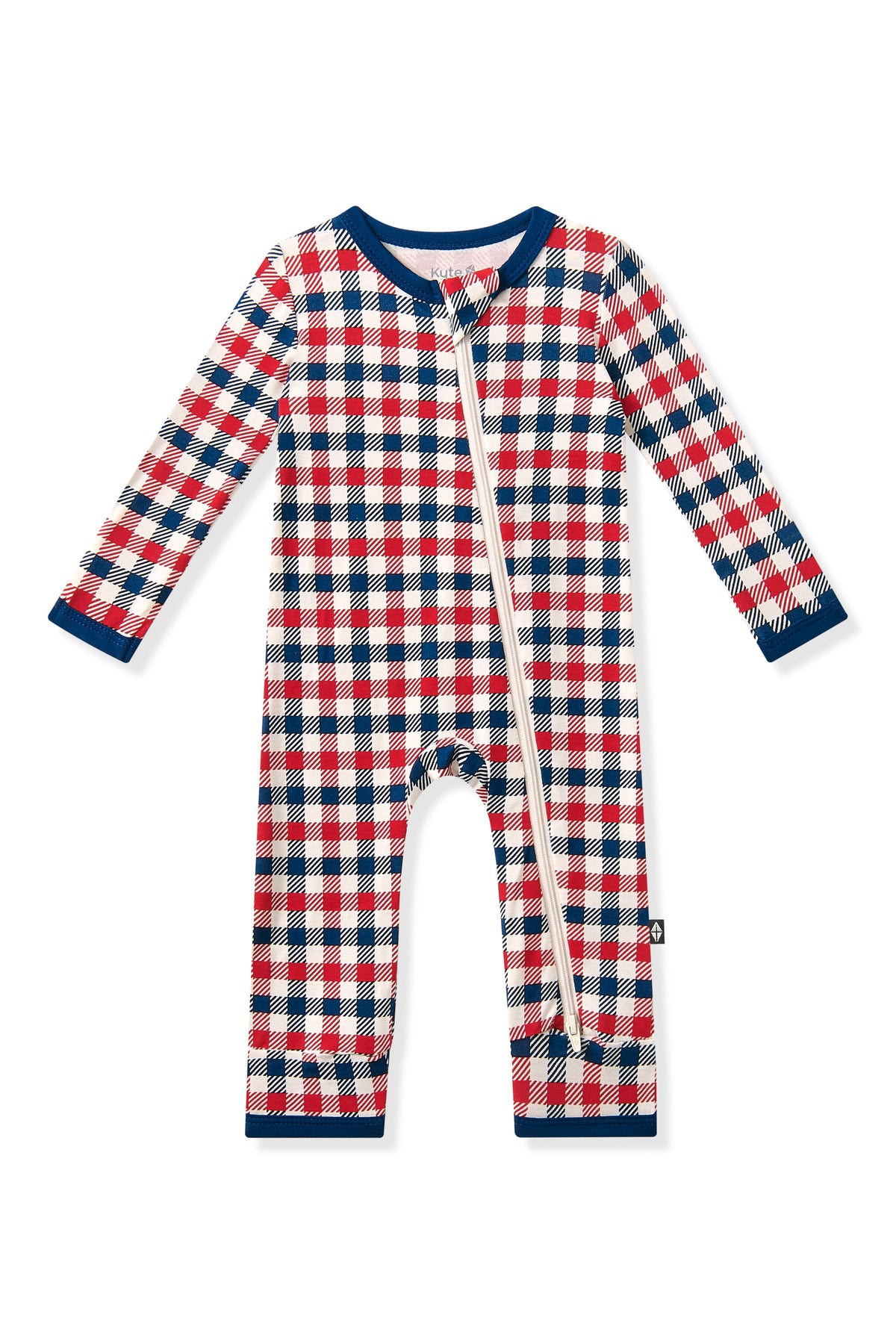 Zippered Romper in red blue and white Patriotic Gingham check print on a white background