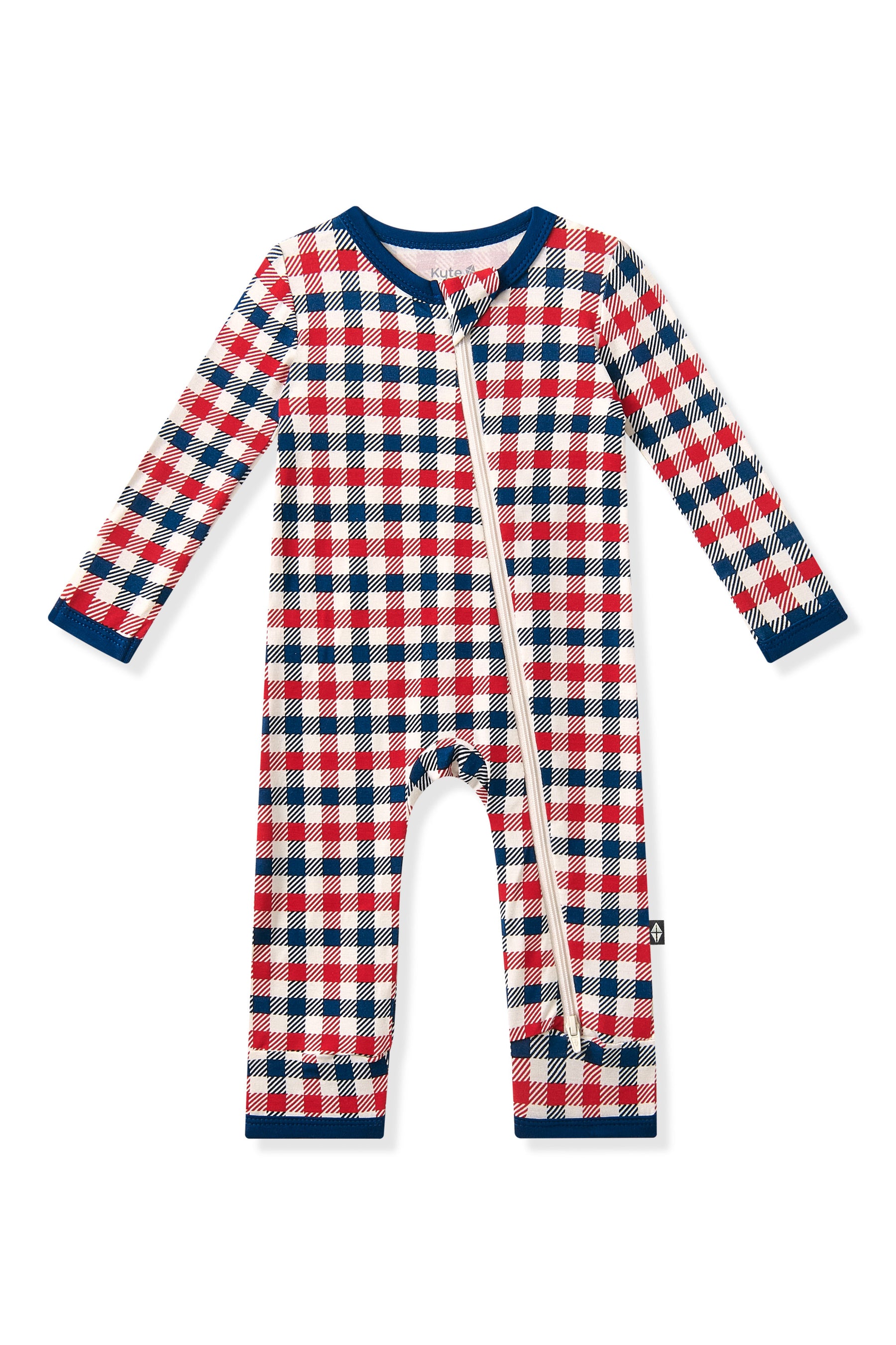 Zippered Romper in red blue and white Patriotic Gingham check print on a white background
