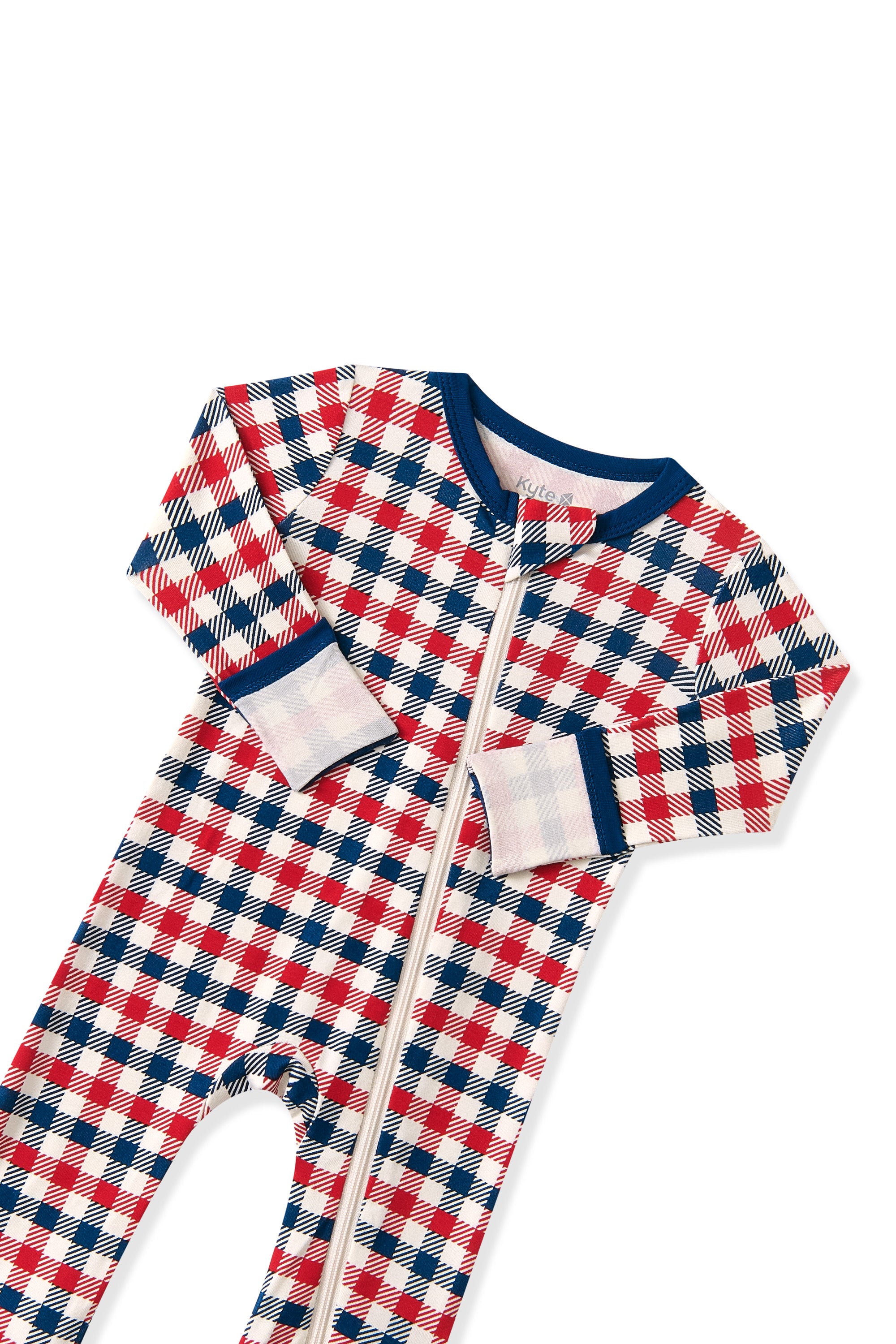 Zippered Romper in red blue and white Patriotic Gingham check print on a white background