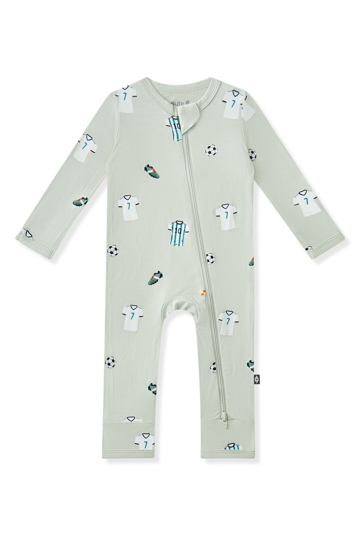 Zippered Romper in Soccer print on white background