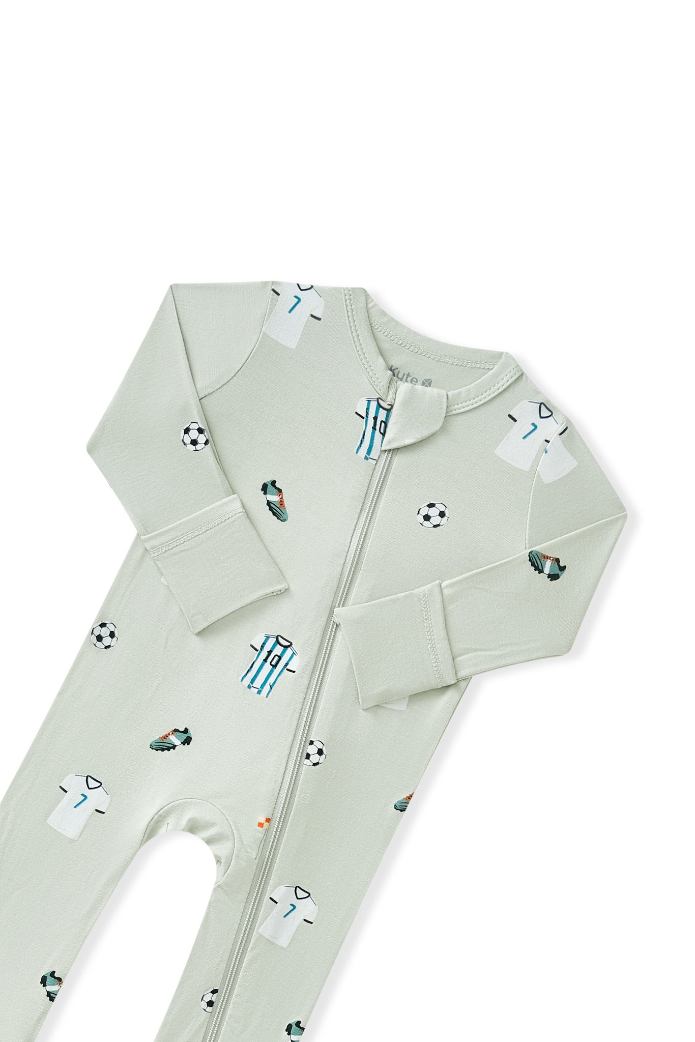 Top part of Zippered Romper in Soccer print on white background