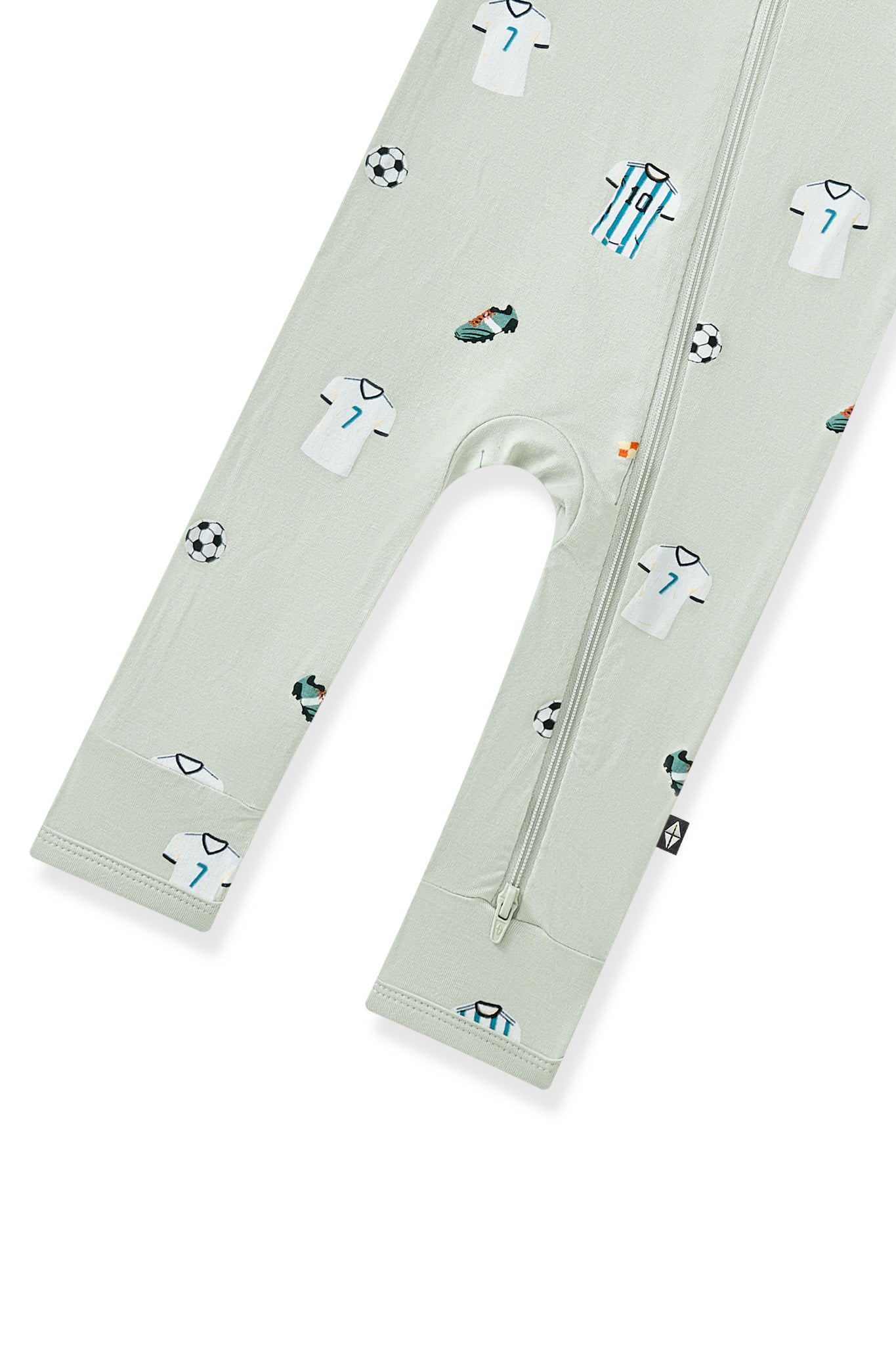 Bottom part of Zippered Romper in Soccer print on white background