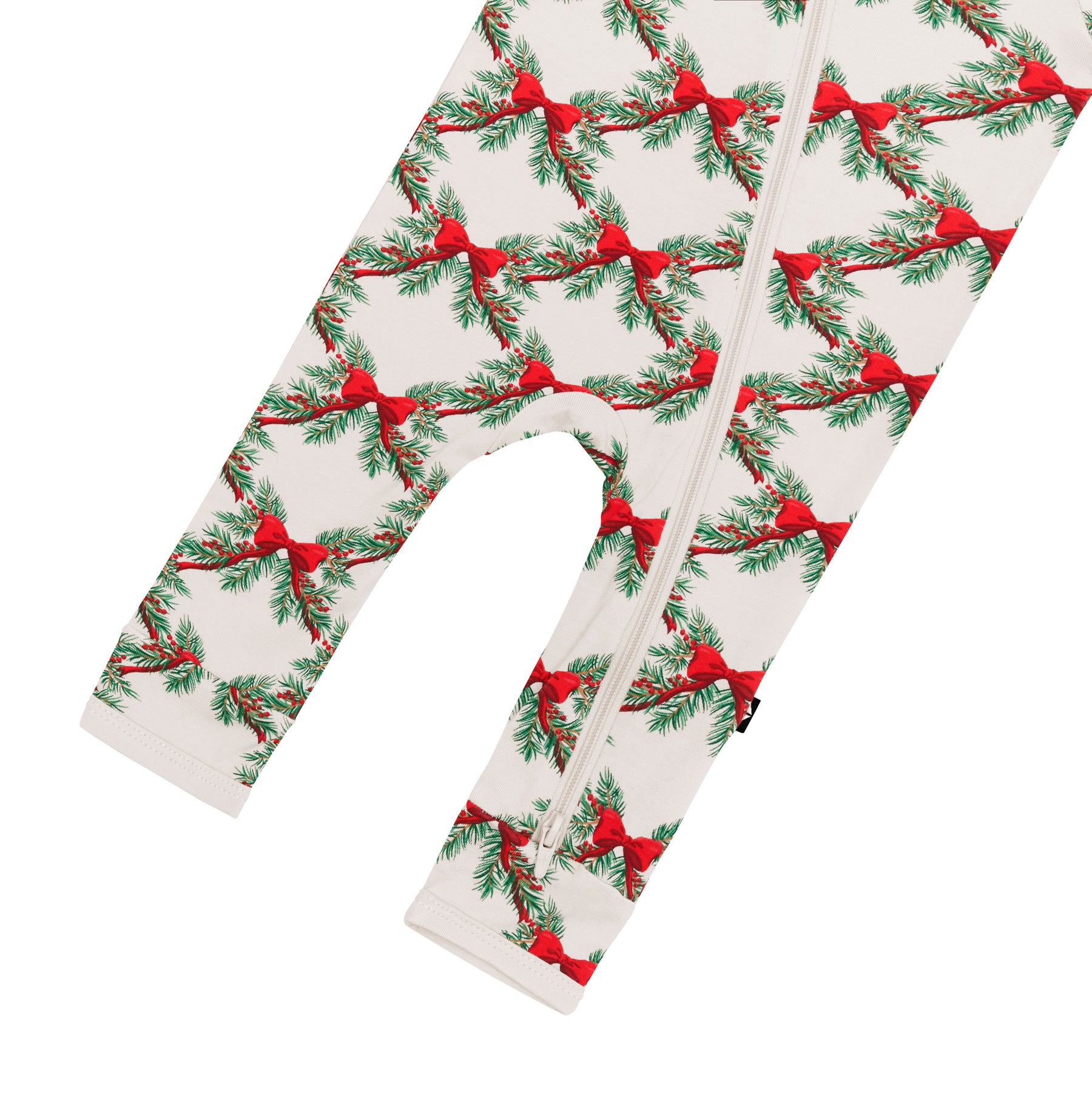 Bottom Zipper shown on the Zippered Romper in Holiday Bow