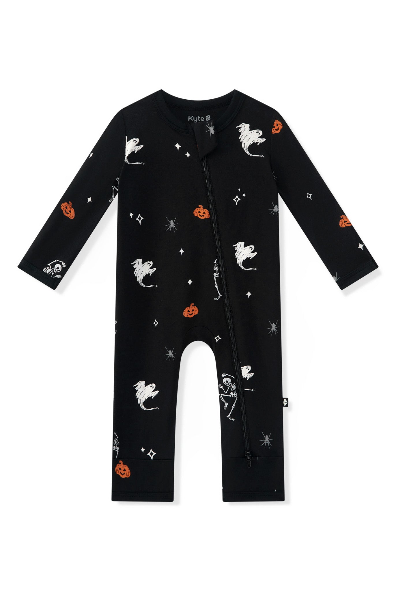 Black Zippered Romper in Halloween Friends print on a white background