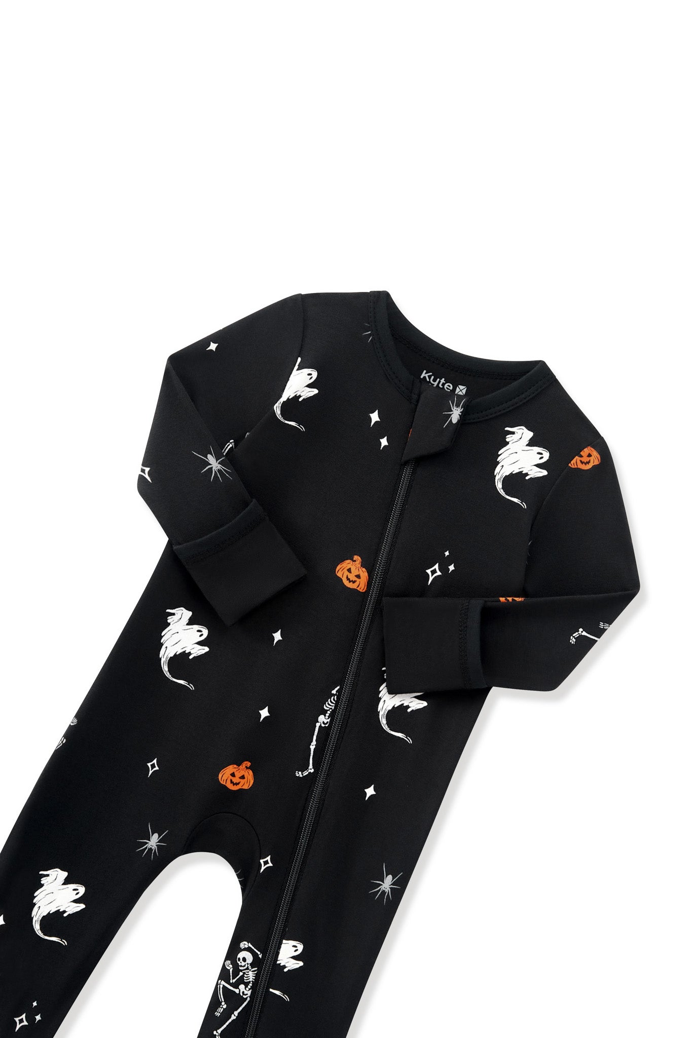 Black Zippered Romper in Halloween Friends print with zipper garage on a white background