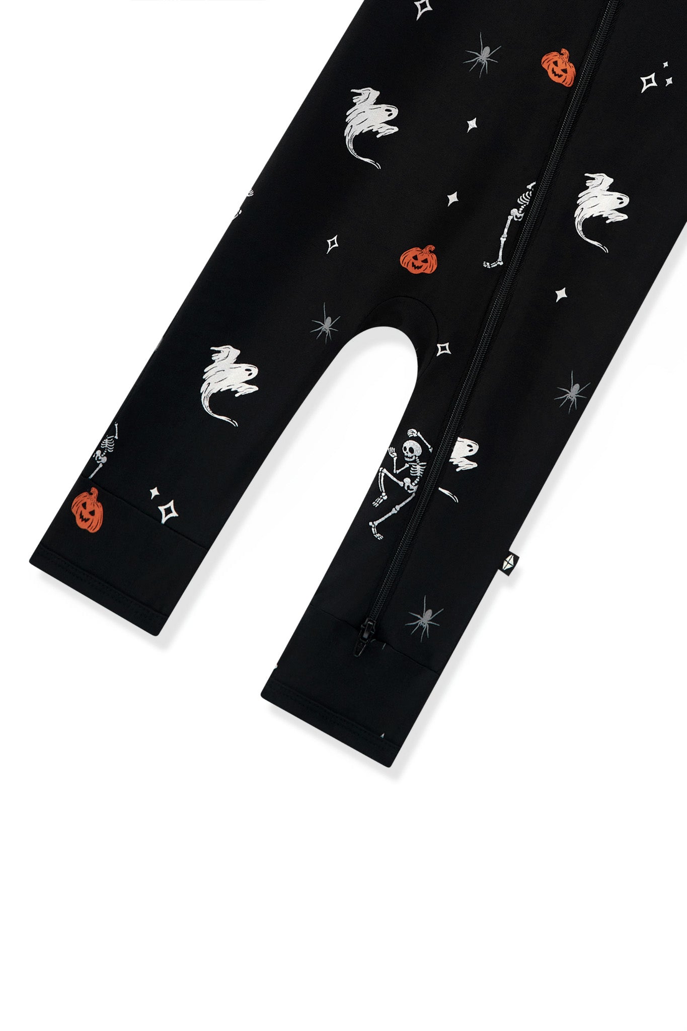 Bottom part of Black Zippered Romper in Halloween Friends print on a white background