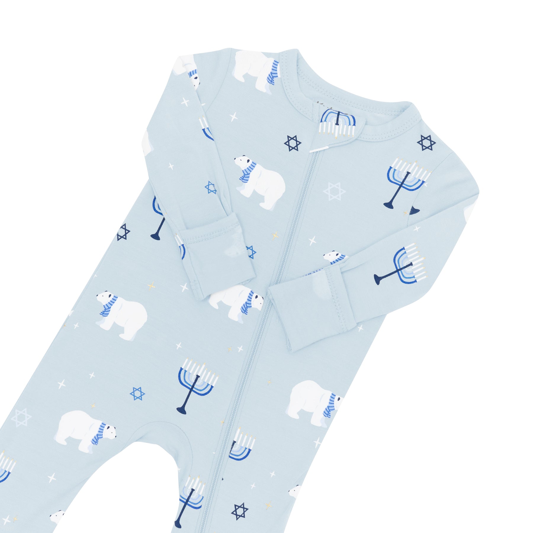 Zipper garage and fold over hand cuffs shown on the Zippered Romper in Polar Lights