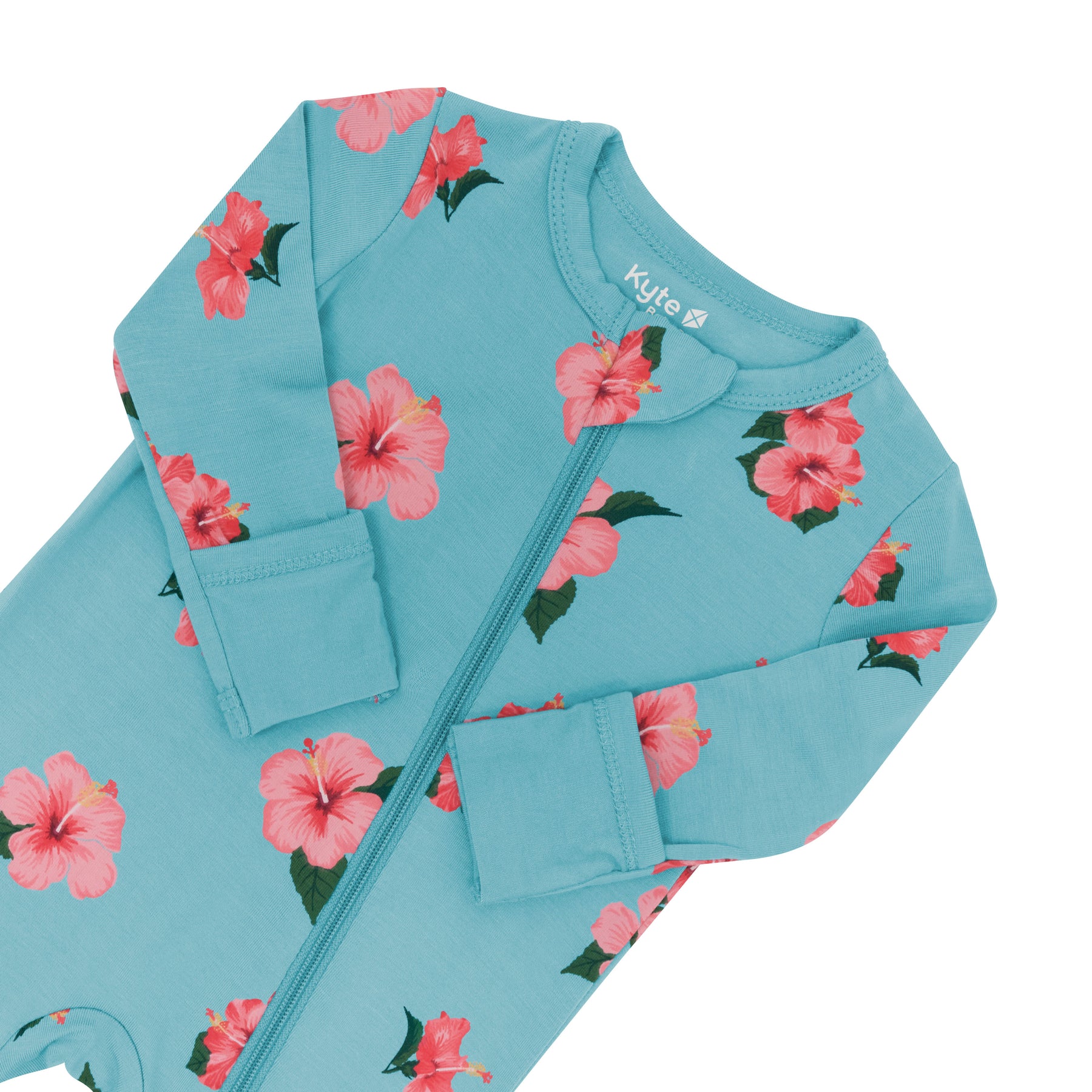 Zippered Romper in Hibiscus showing foldable mittens and zipper garage