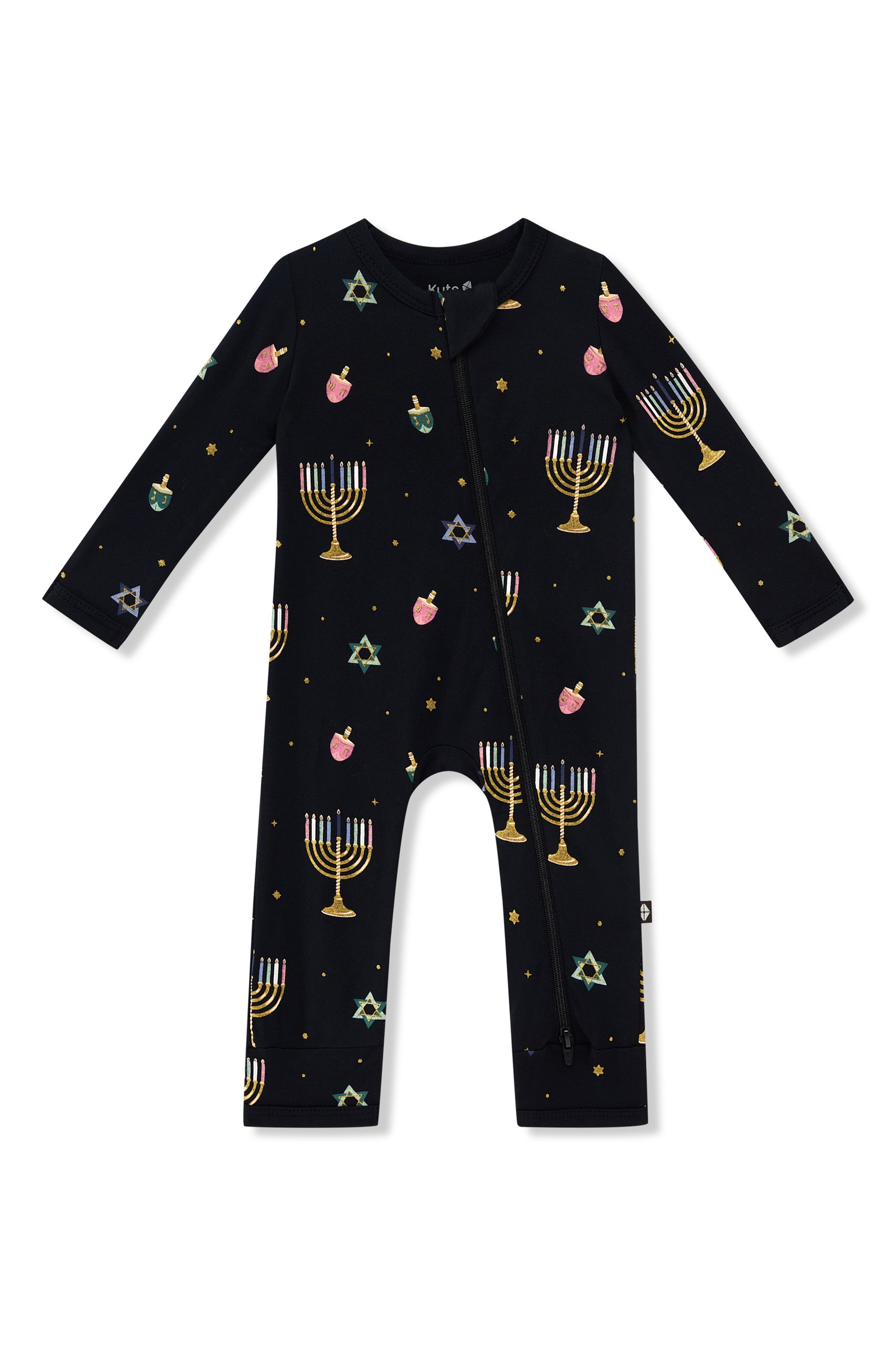 Black Zippered Romper in Hanukkah Nights print on a white background