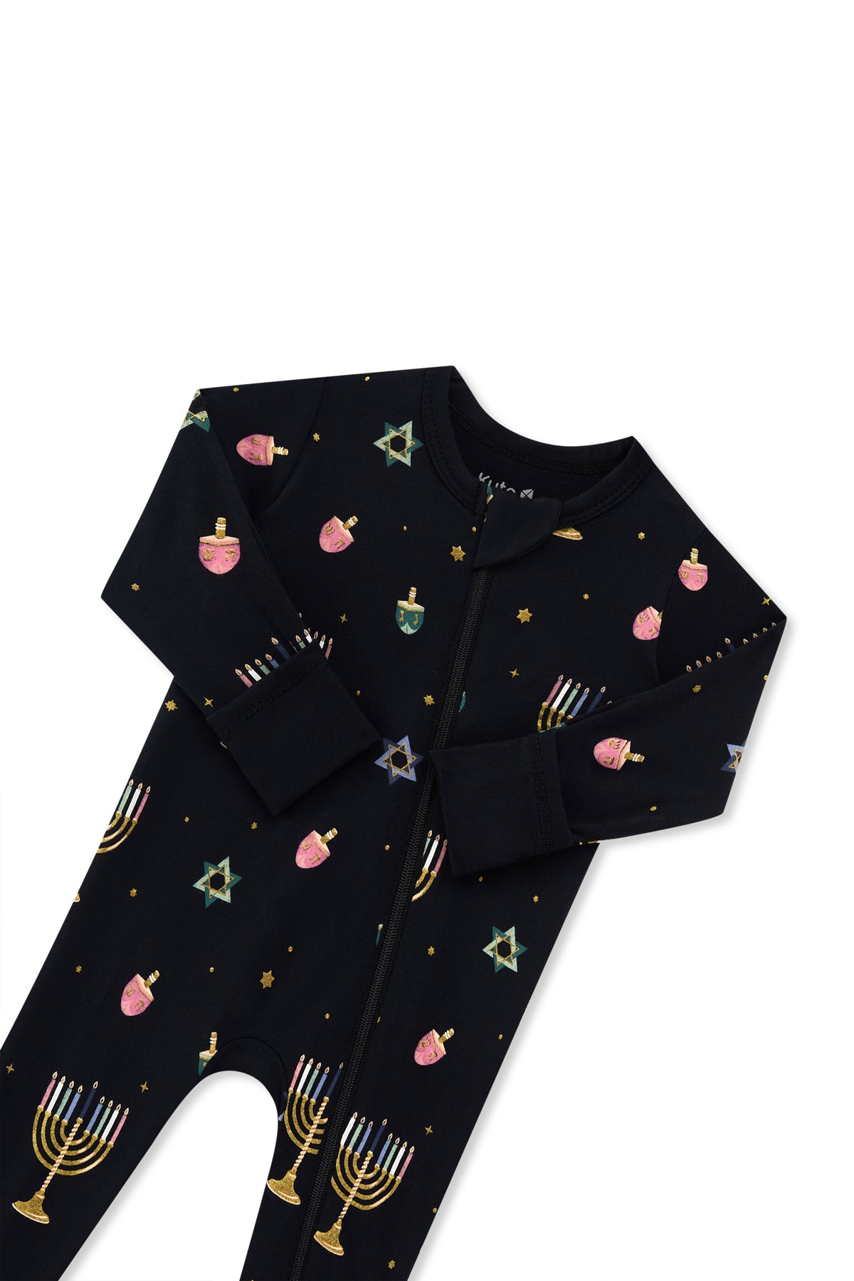 Black Zippered Romper in Hanukkah Nights print with zipper garage on a white background