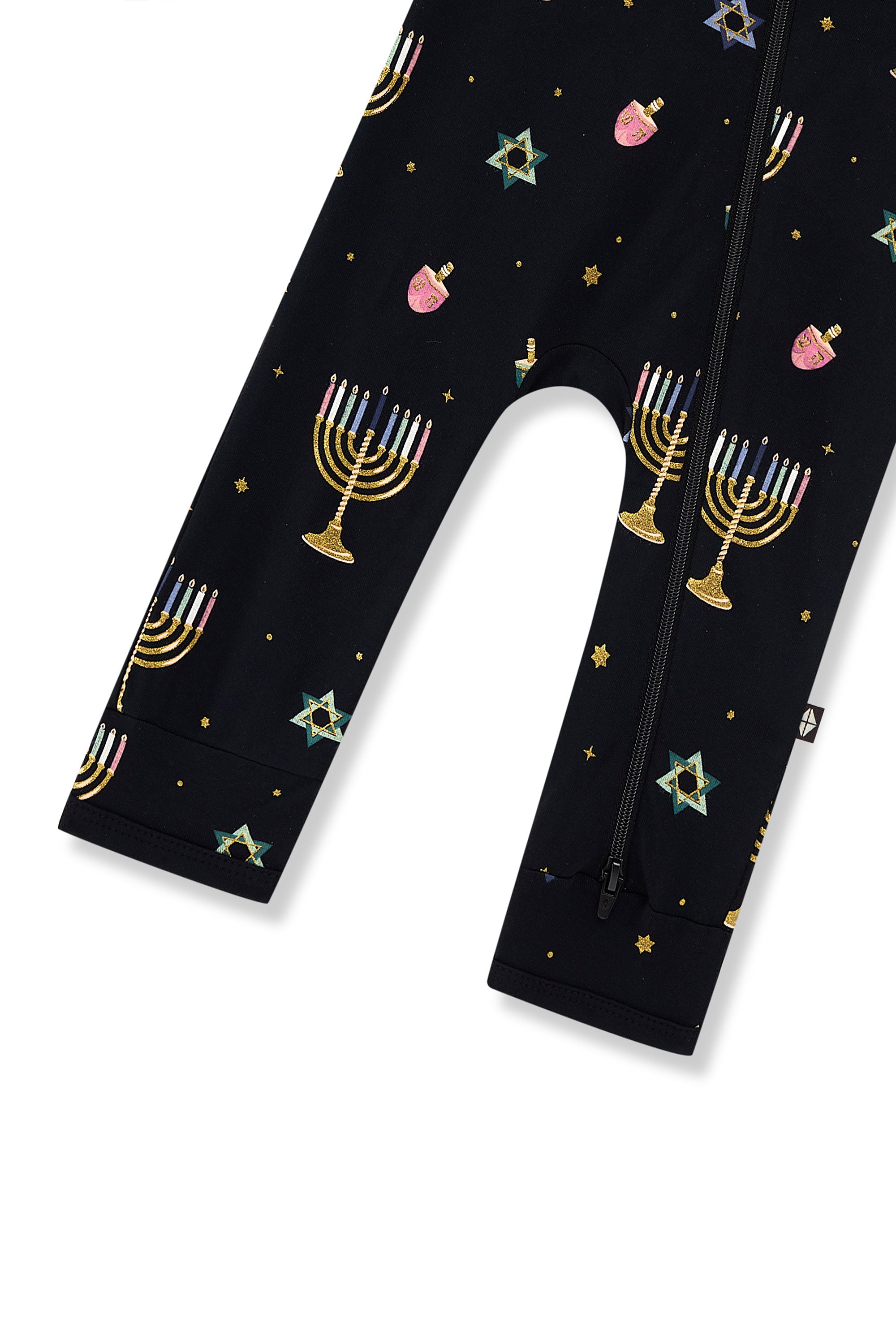 Bottom part of Black Zippered Romper in Hanukkah Nights print on a white background