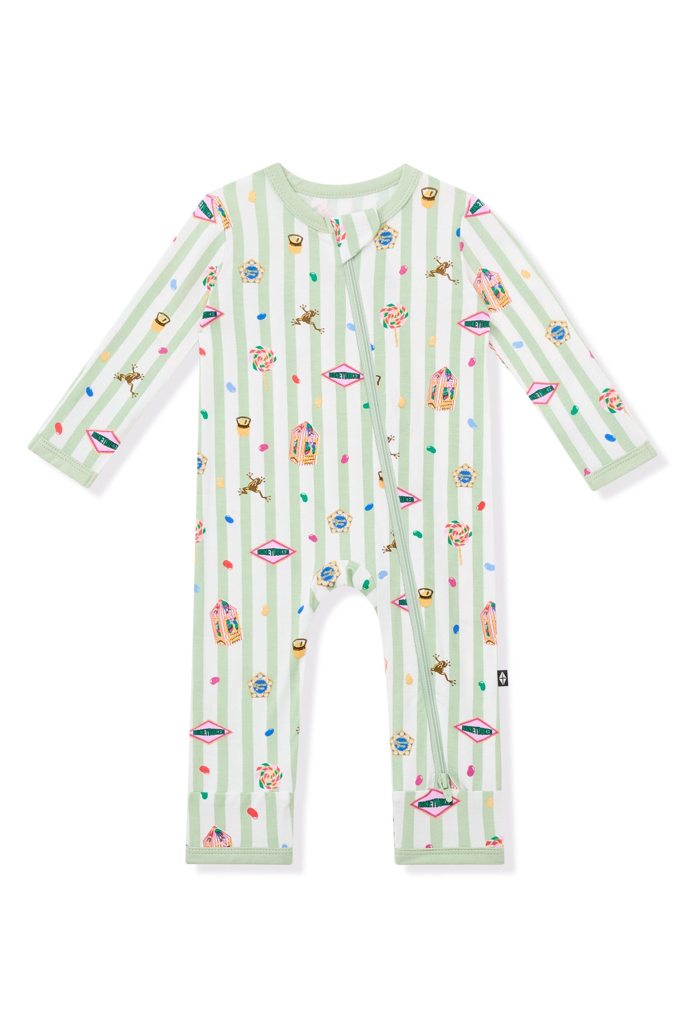 Green and white striped zippered romper with colorful Harry Potter patterns on a white background