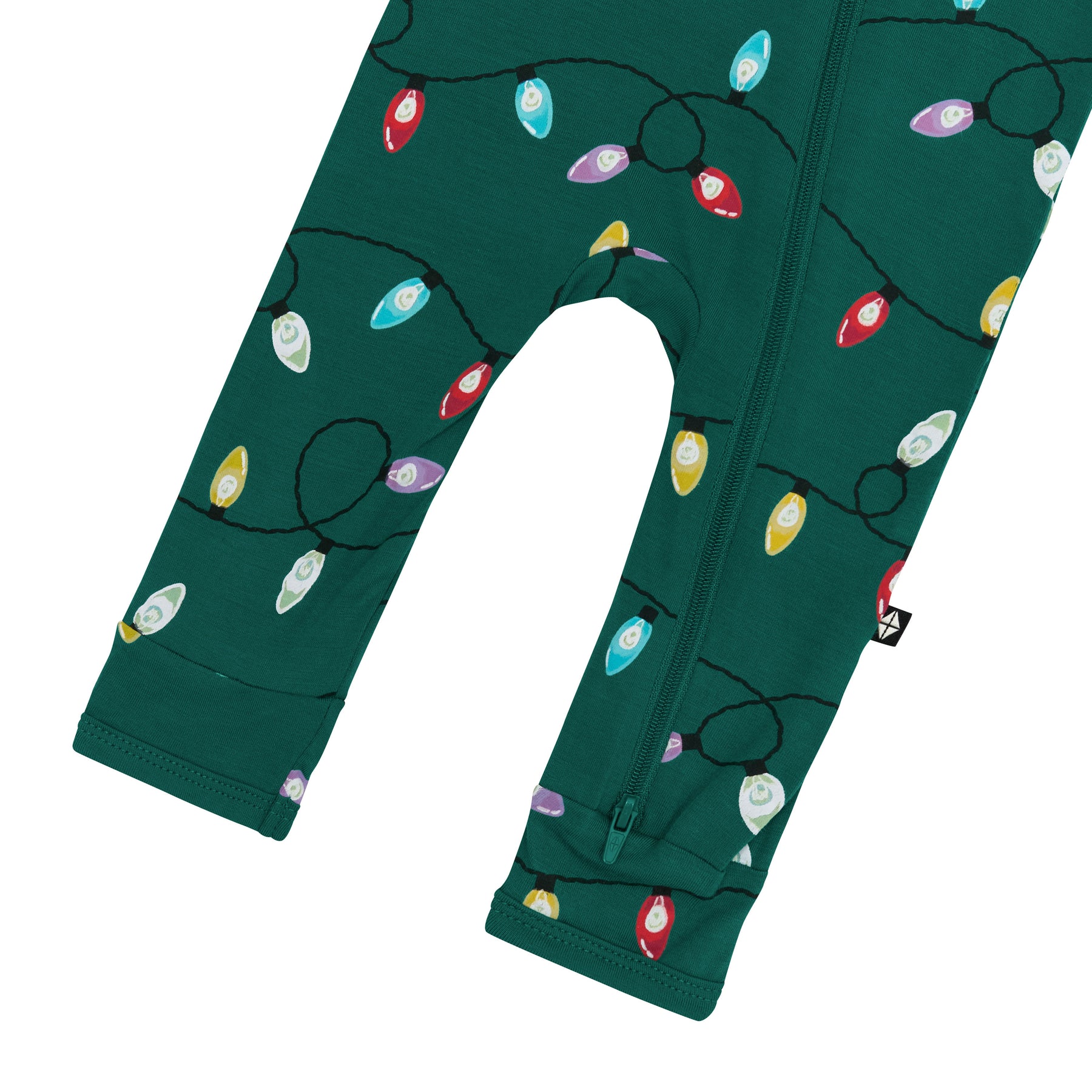 The bottom zipper shown on the leg of the Zippered Romper in Merry and Bright