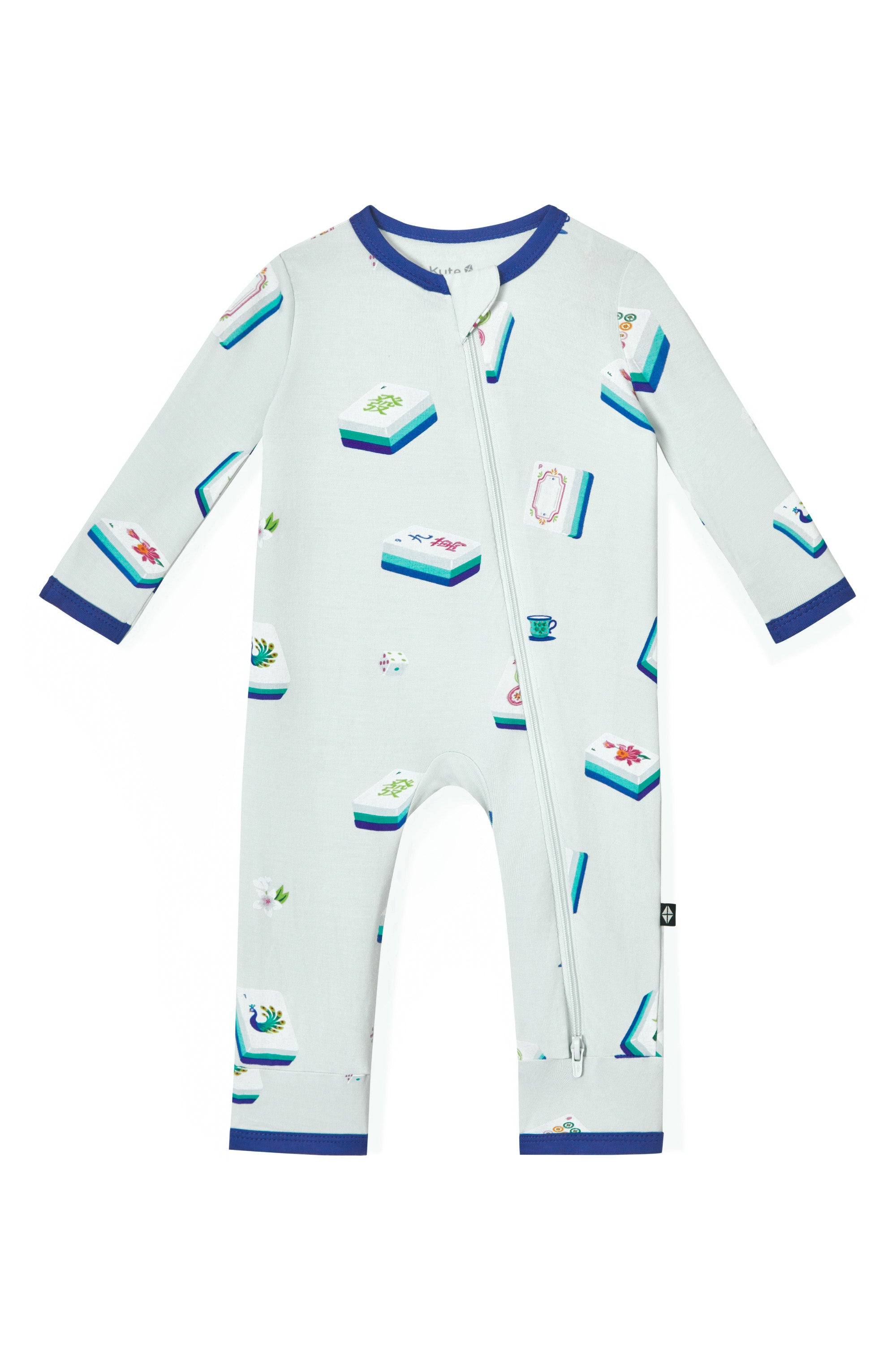 Blue Zippered Romper with Mahjong pattern on a white background