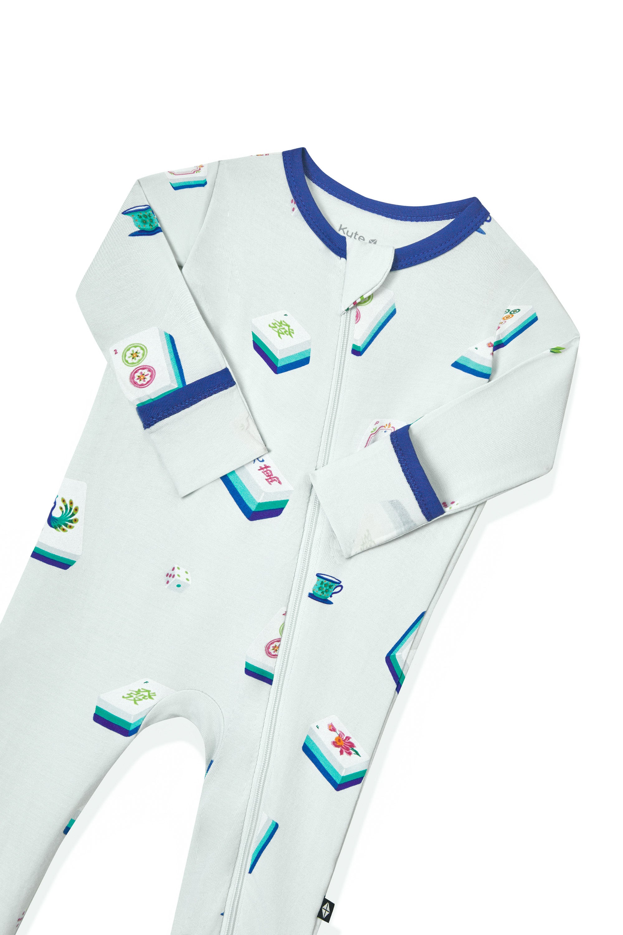 Blue Zippered Romper with zipper garage in Mahjong pattern on a white background