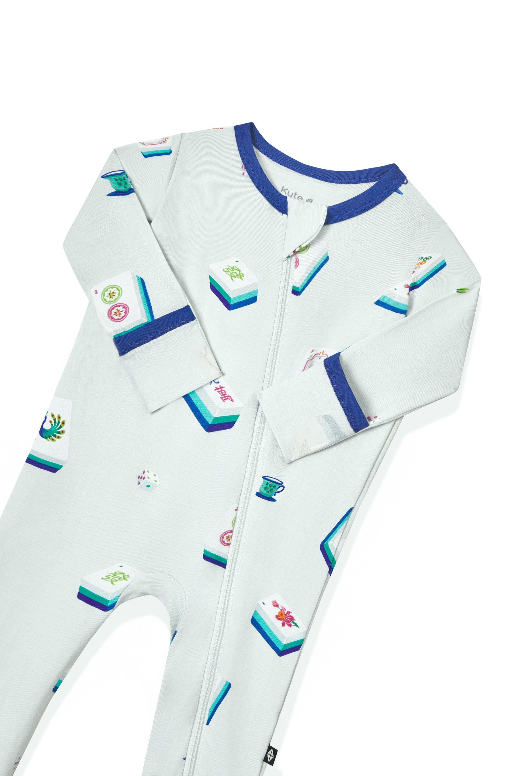 Blue Zippered Romper with zipper garage in Mahjong pattern on a white background