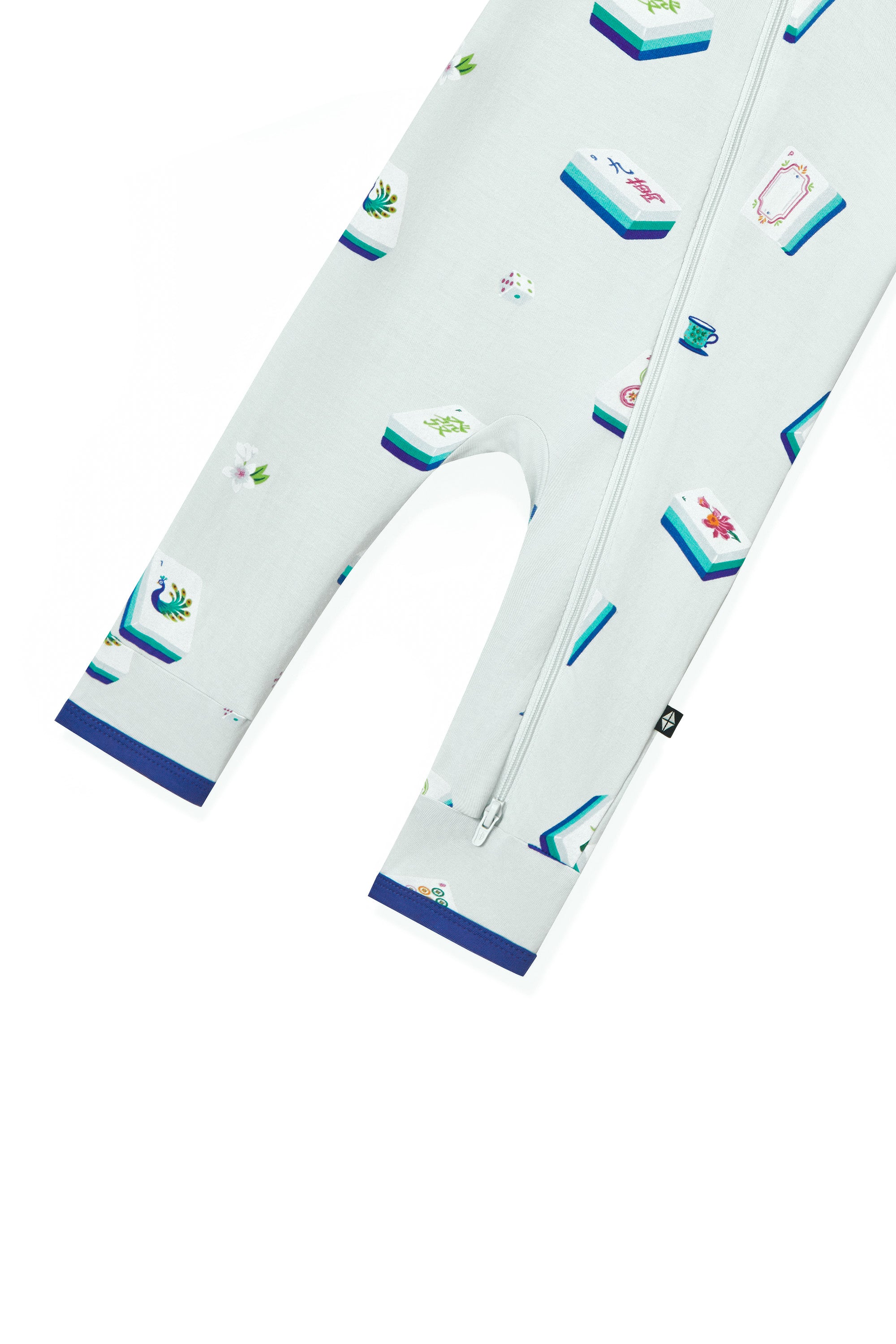 Bottom part of Blue Zippered Romper with Mahjong pattern on a white background