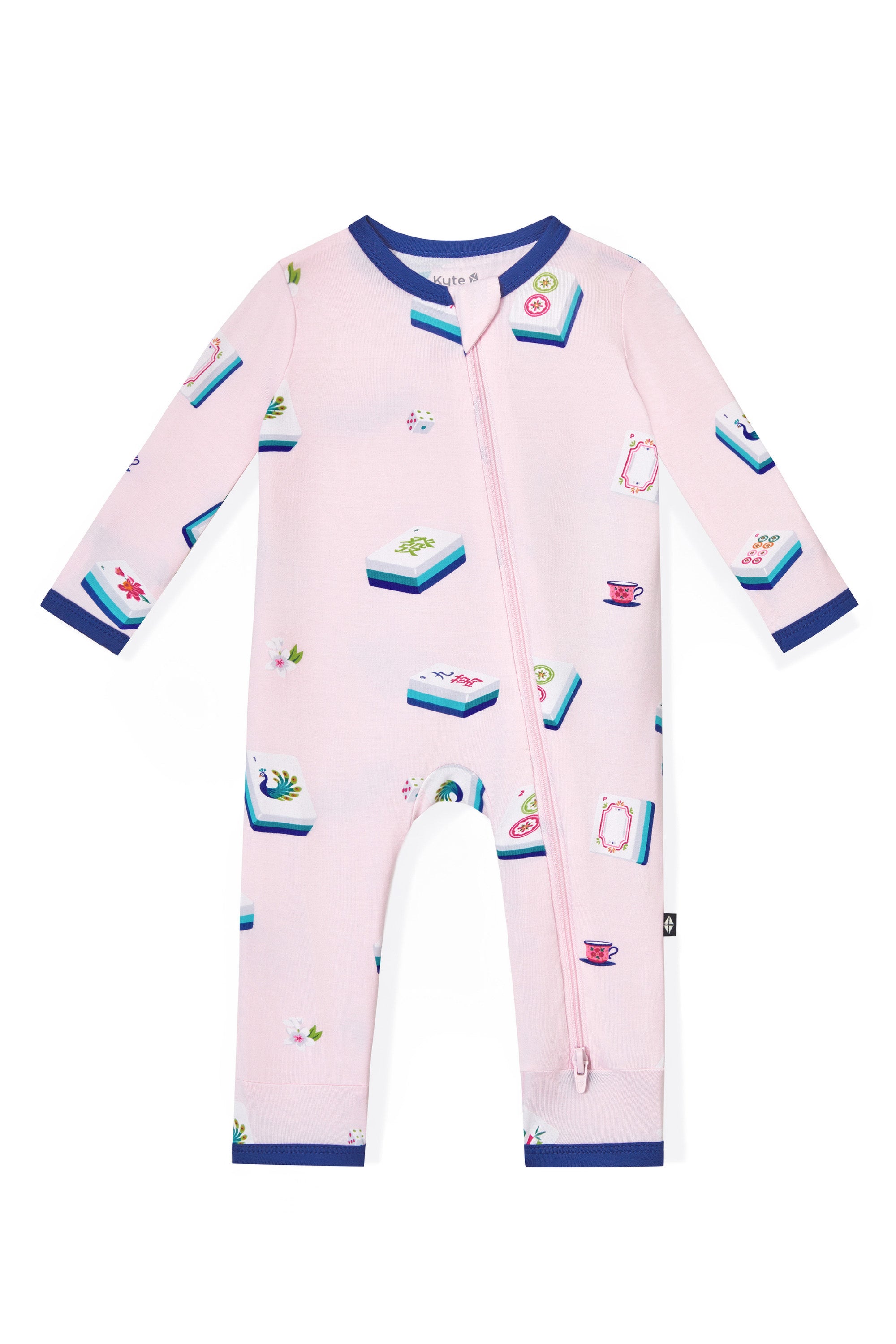 Pink Zippered Romper with Mahjong pattern on a white background